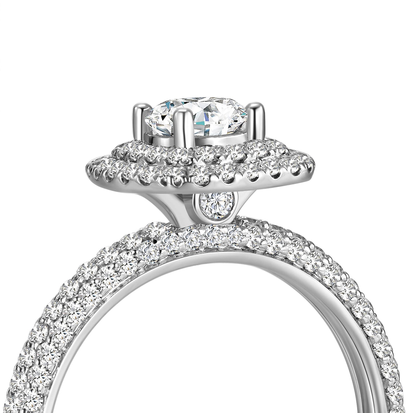 Round Double Halo Lab Diamond Ring in Platinum with Pave Band - Neoshine