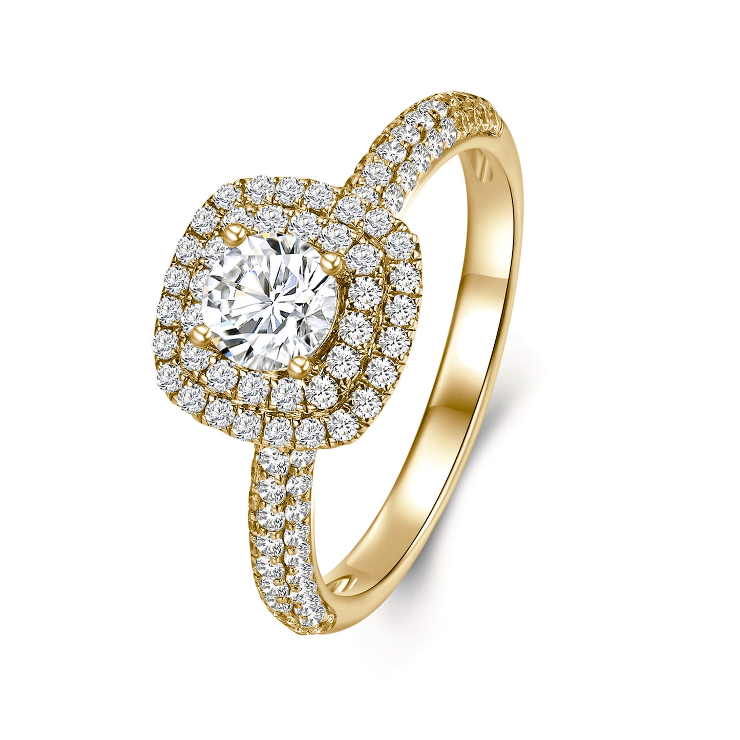 Round Double Halo Lab Diamond Ring in 18K Yellow Gold with Pave Band - Neoshine