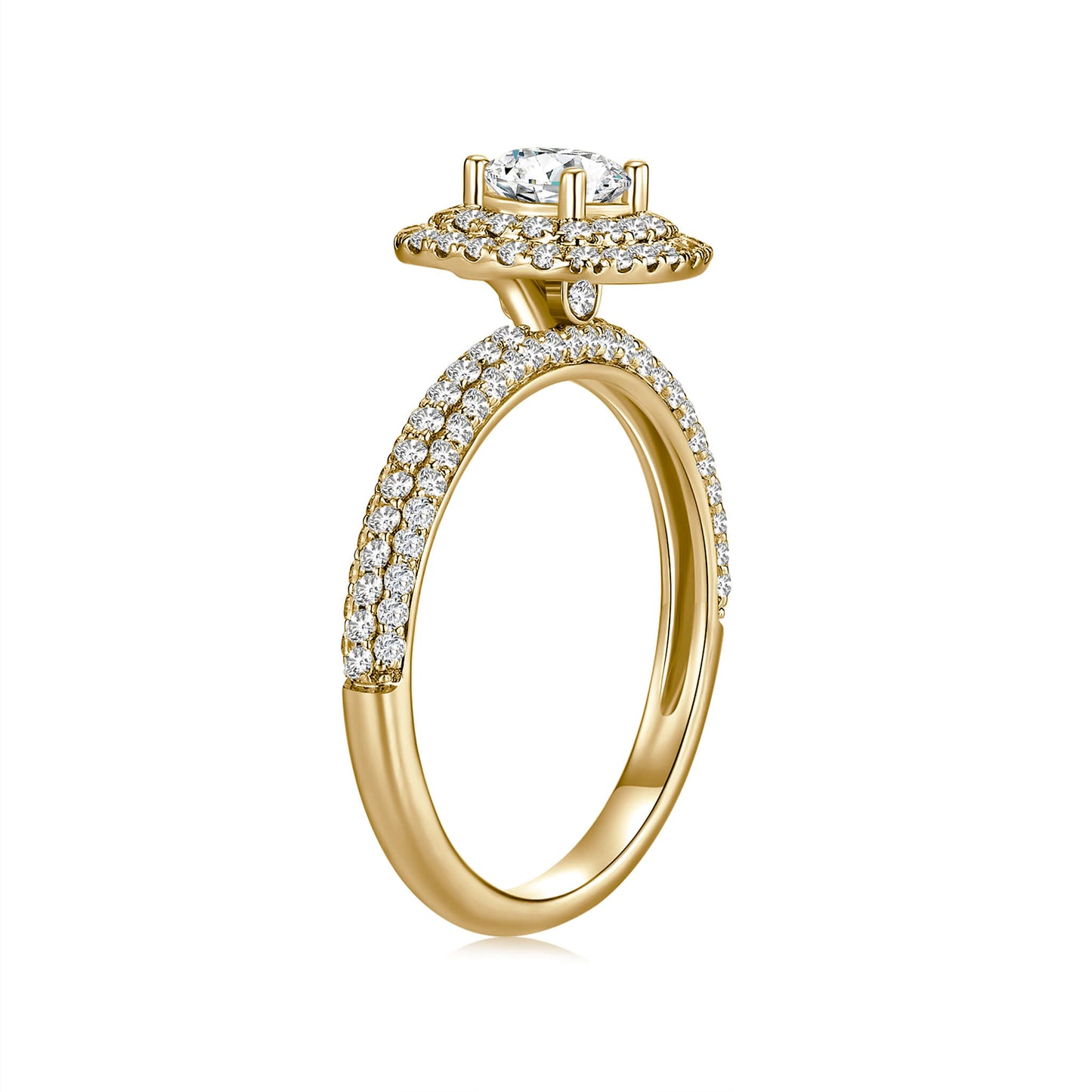 Round Double Halo Lab Diamond Ring in 18K Yellow Gold with Pave Band - Neoshine