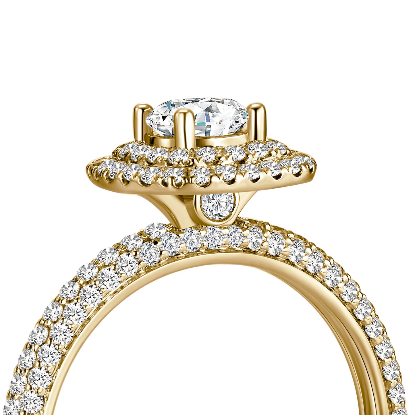 Round Double Halo Lab Diamond Ring in 18K Yellow Gold with Pave Band - Neoshine