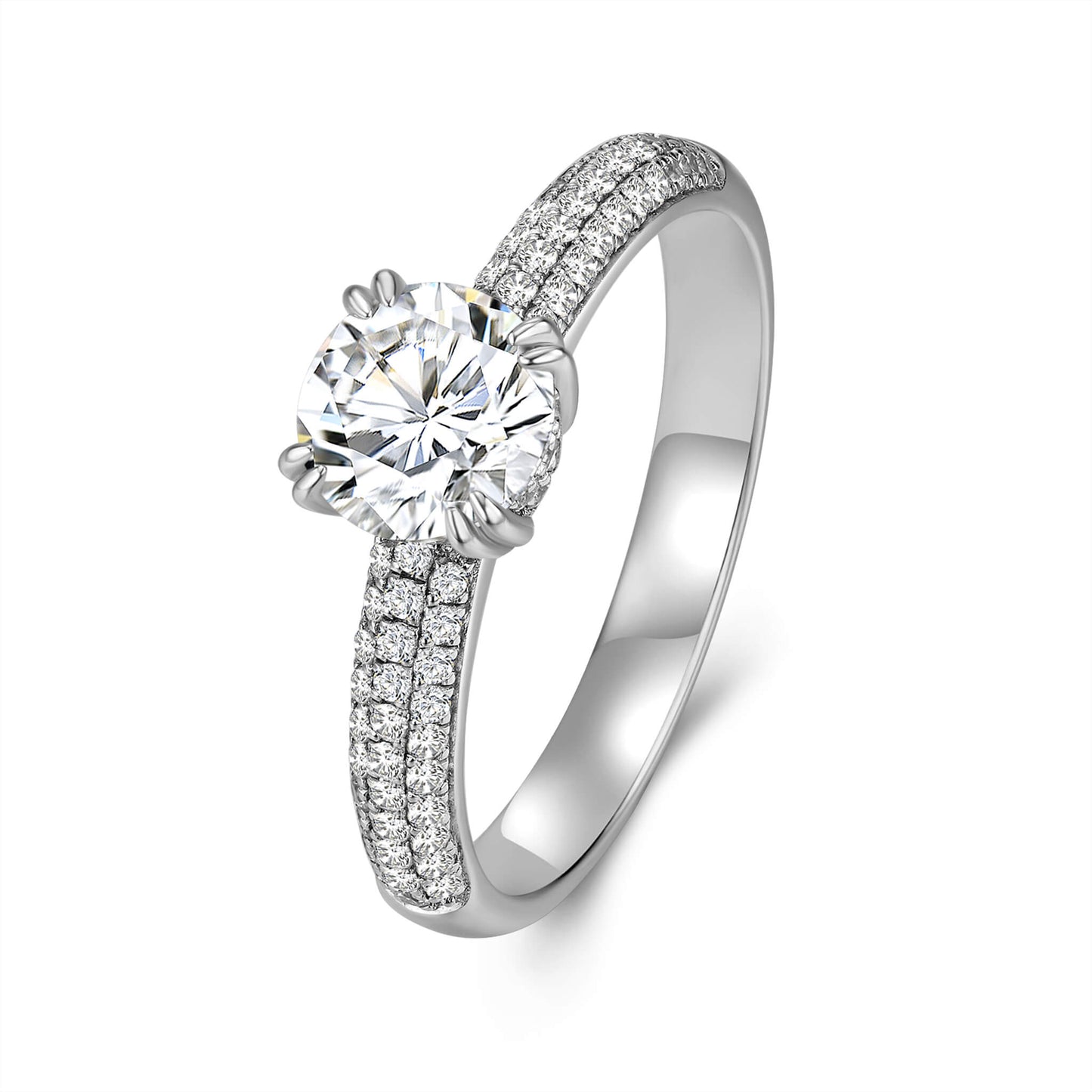 Solitaire Round Lab Diamond Ring with Pave Band, 6 Prong, Platinum - Neoshine
