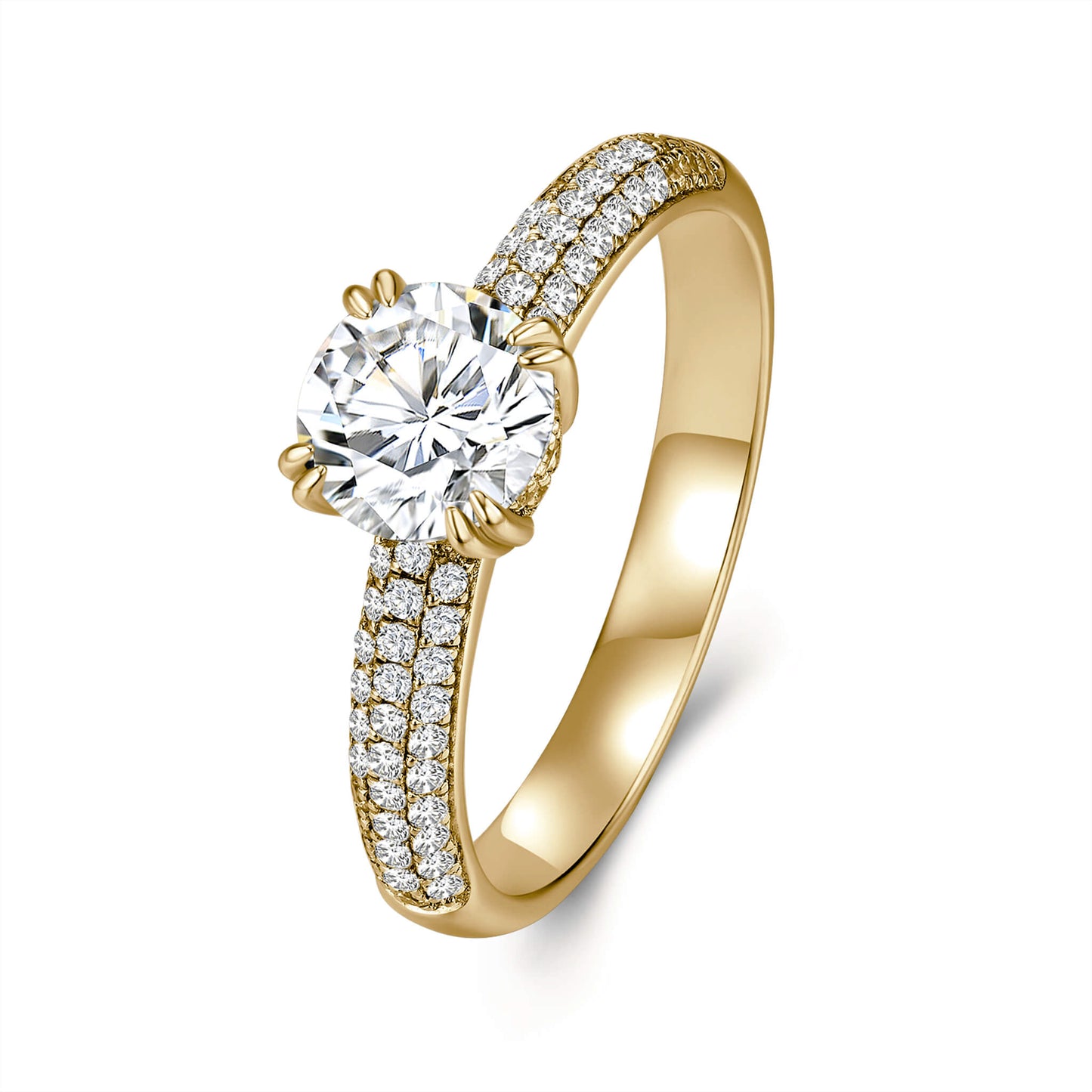 Solitaire Round Lab Diamond Ring with Pave Band, 6 Prong, 18K Yellow Gold - Neoshine