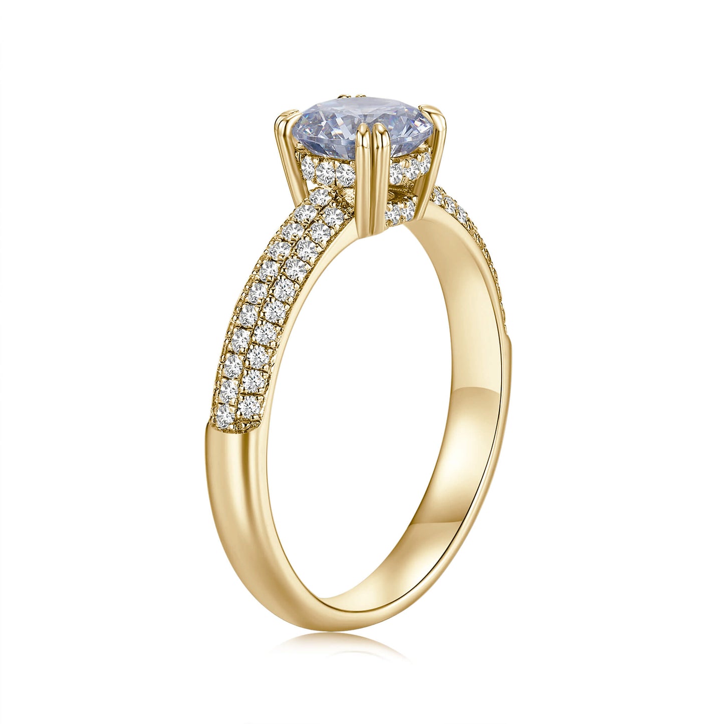Solitaire Round Lab Diamond Ring with Pave Band, 6 Prong, 18K Yellow Gold - Neoshine