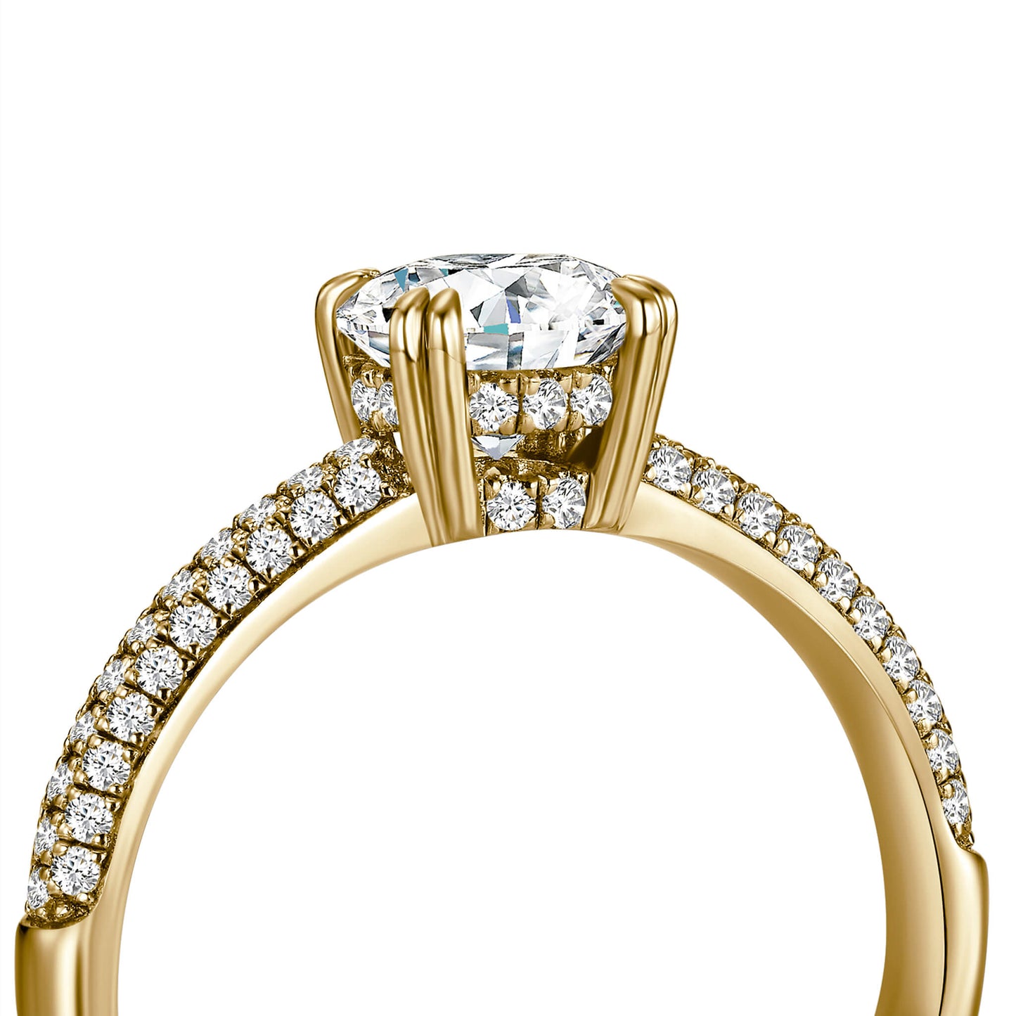 Solitaire Round Lab Diamond Ring with Pave Band, 6 Prong, 18K Yellow Gold - Neoshine