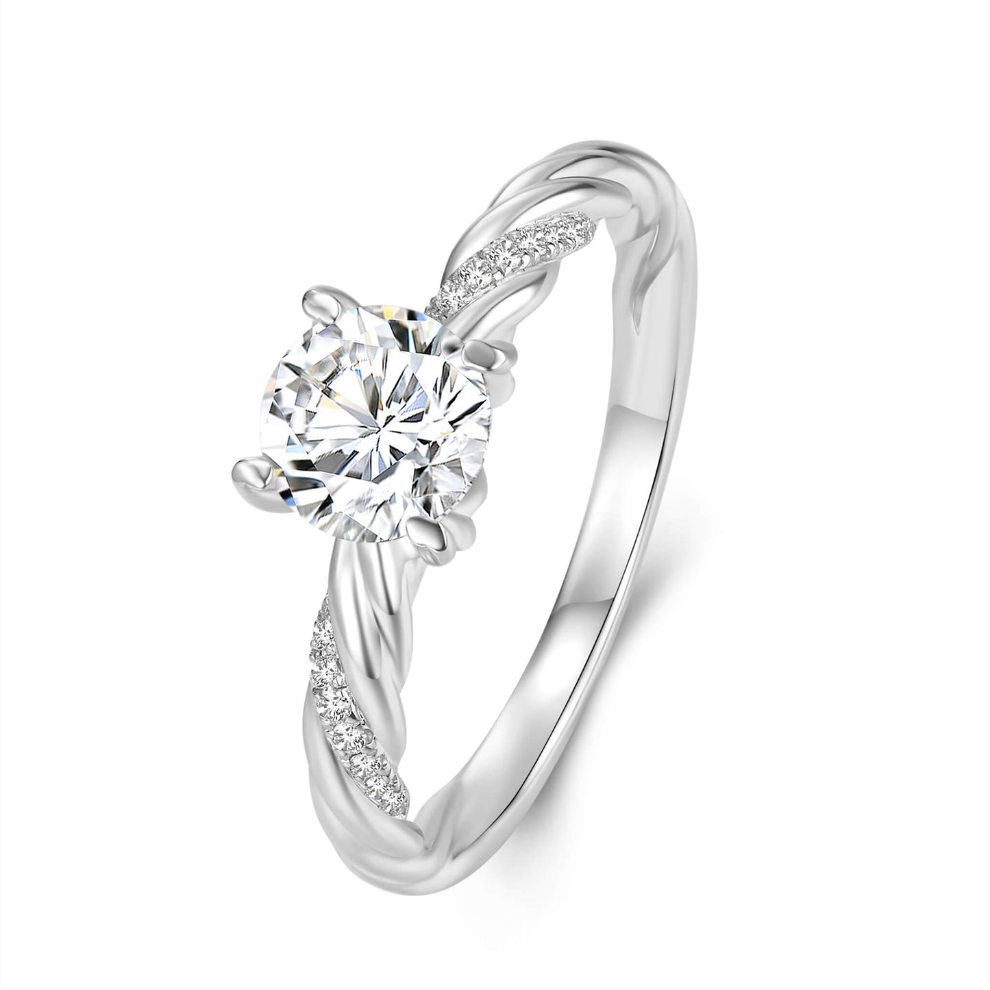 Solitaire Round Lab Diamond Ring with Pave Band, 4 Prong, Platinum - Neoshine