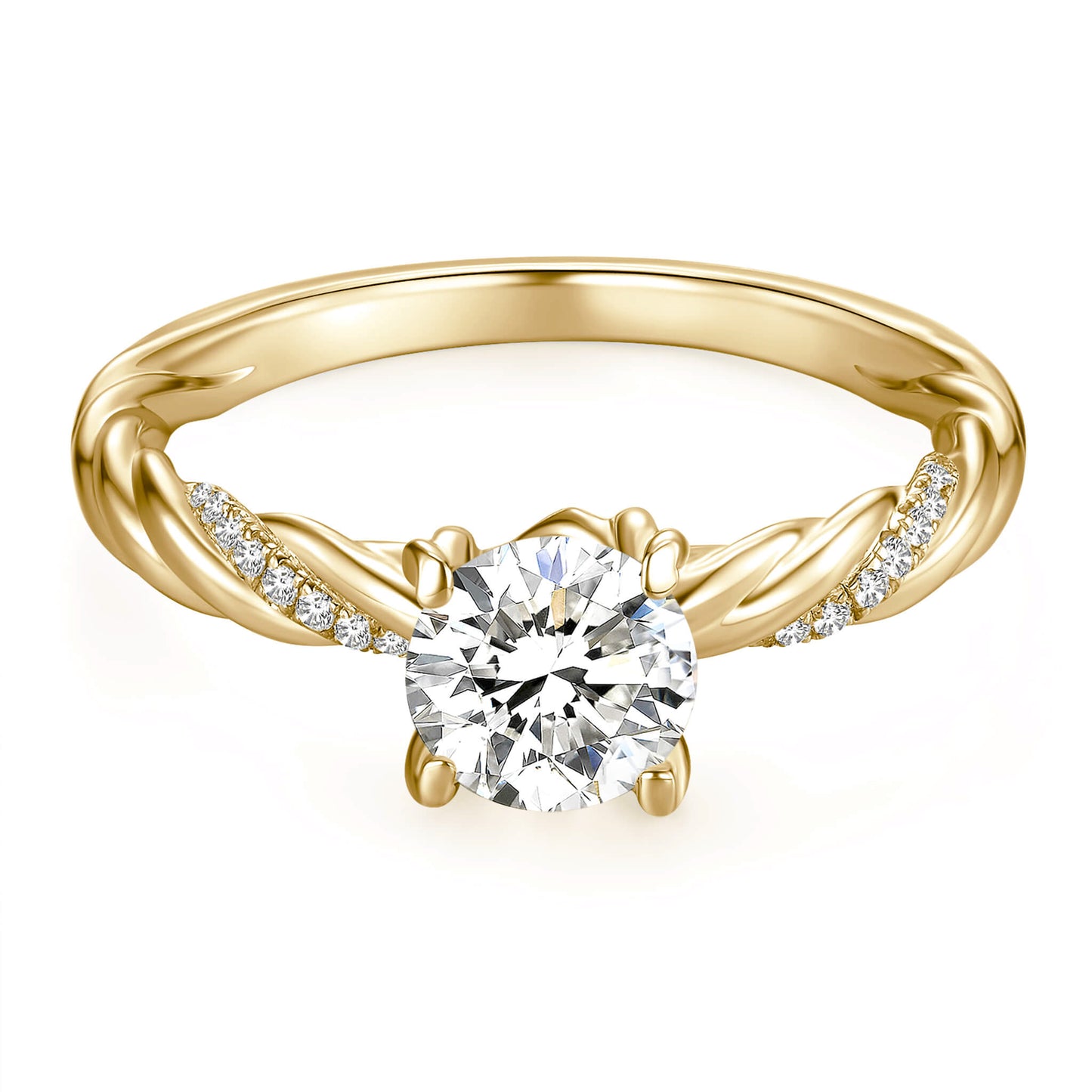 Solitaire Round Lab Diamond Ring with Pave Band, 4 Prong, 18K Yellow Gold - Neoshine