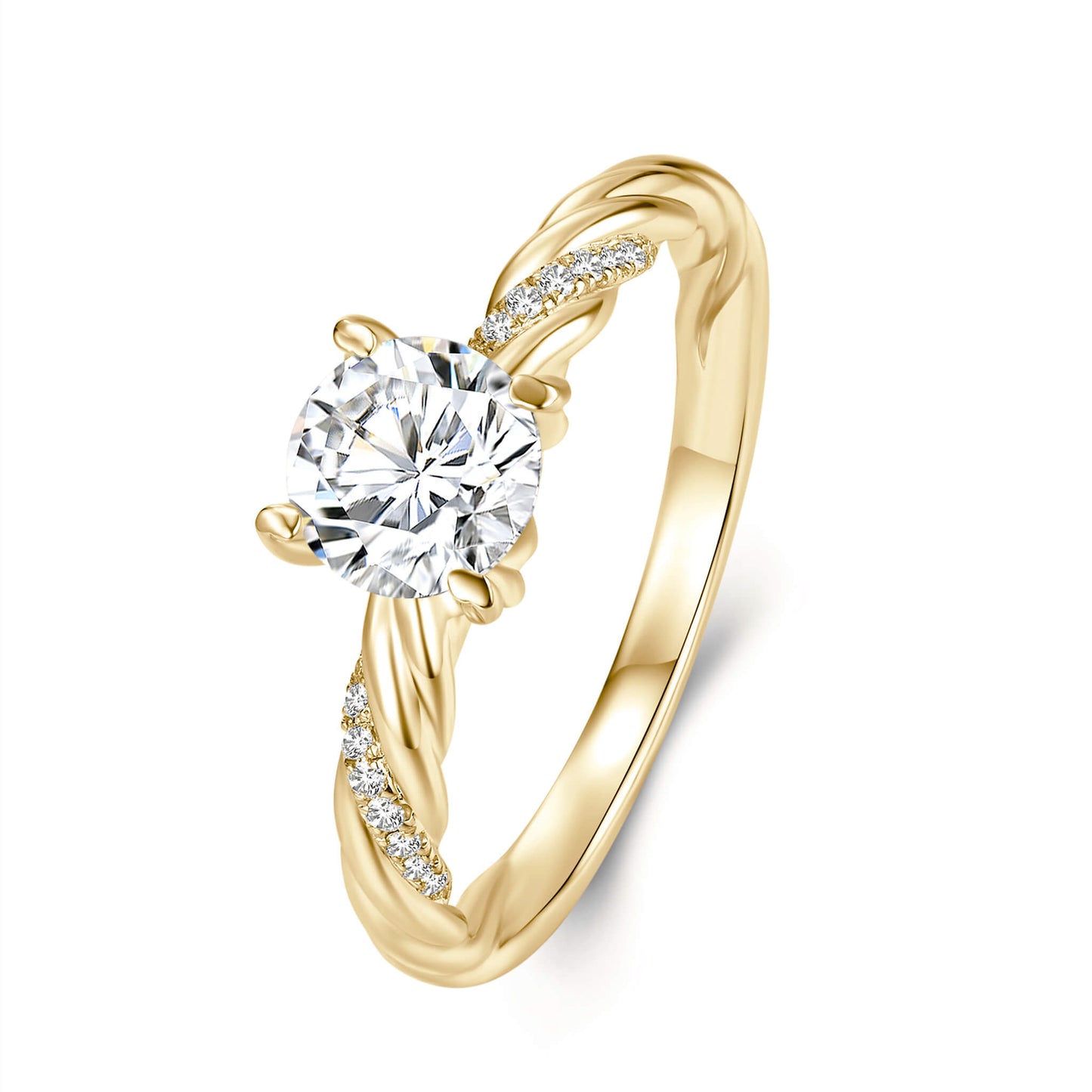 Solitaire Round Lab Diamond Ring with Pave Band, 4 Prong, 18K Yellow Gold - Neoshine