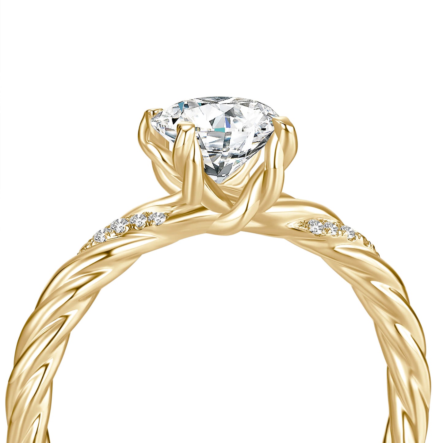 Solitaire Round Lab Diamond Ring with Pave Band, 4 Prong, 18K Yellow Gold - Neoshine