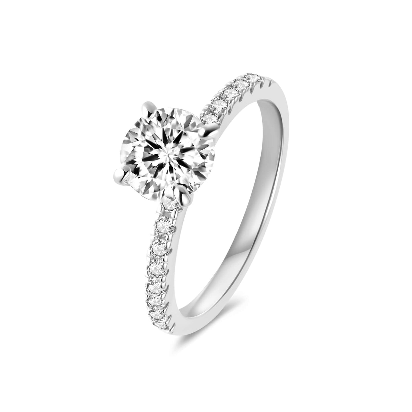 Solitaire Round Lab Diamond Ring with Pave Band in Platinum 4 Prong - Neoshine