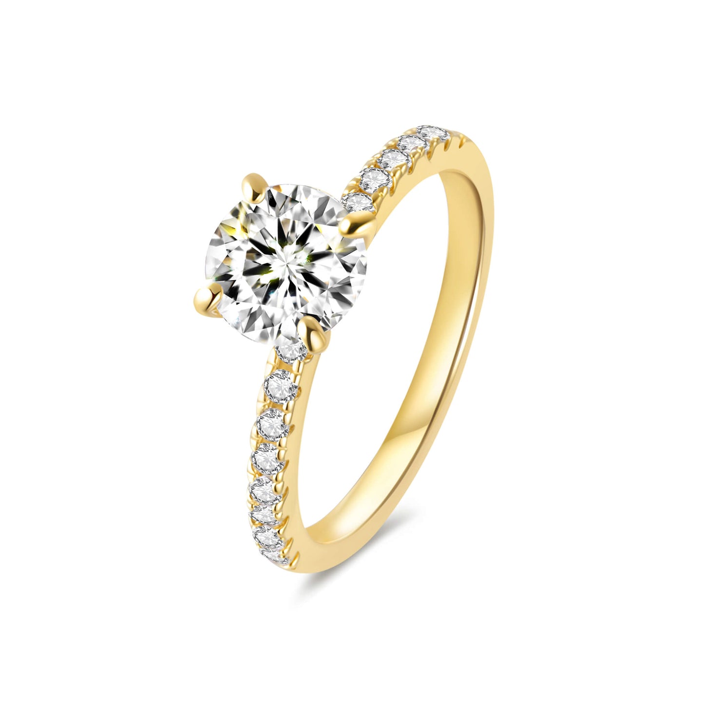Solitaire Round Lab Diamond Ring with Pave Band in 18K Yellow Gold 4 Prong - Neoshine