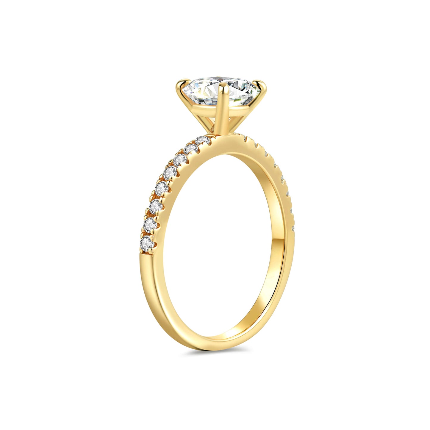 Solitaire Round Lab Diamond Ring with Pave Band in 18K Yellow Gold 4 Prong - Neoshine