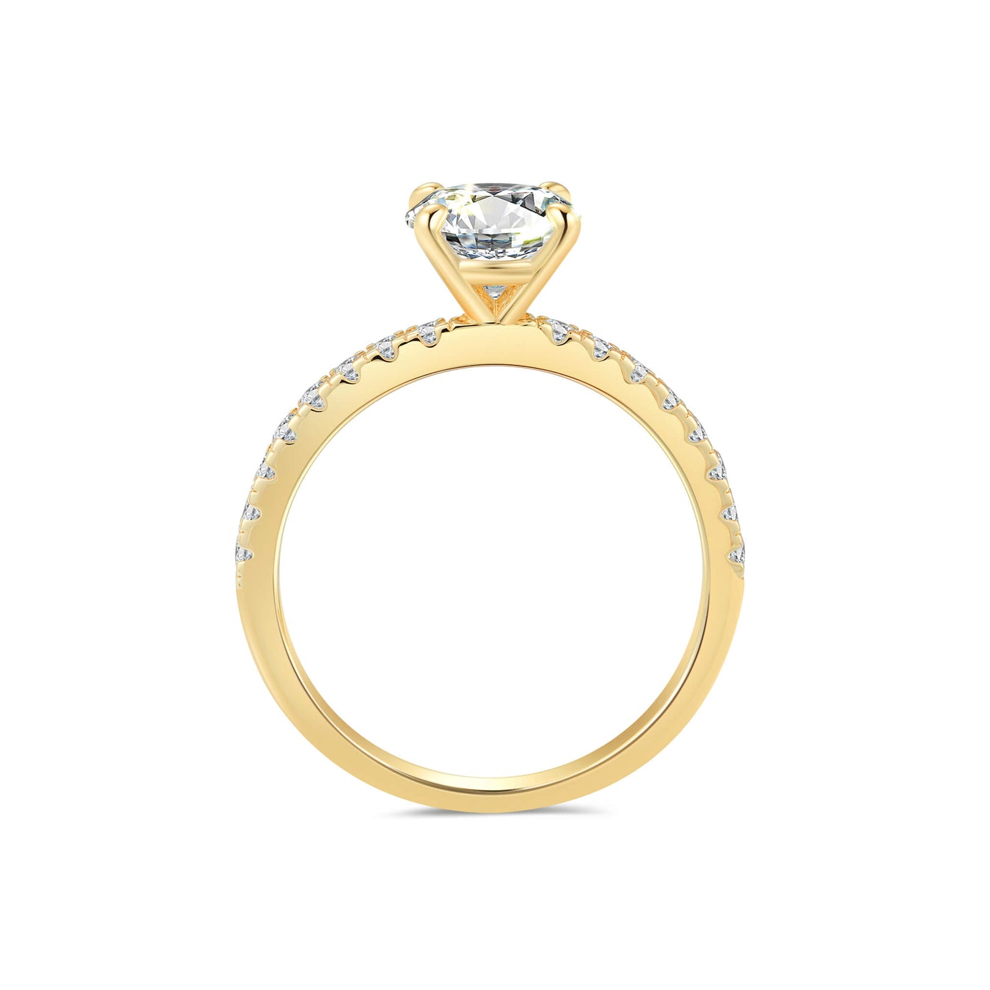 Solitaire Round Lab Diamond Ring with Pave Band in 18K Yellow Gold 4 Prong - Neoshine