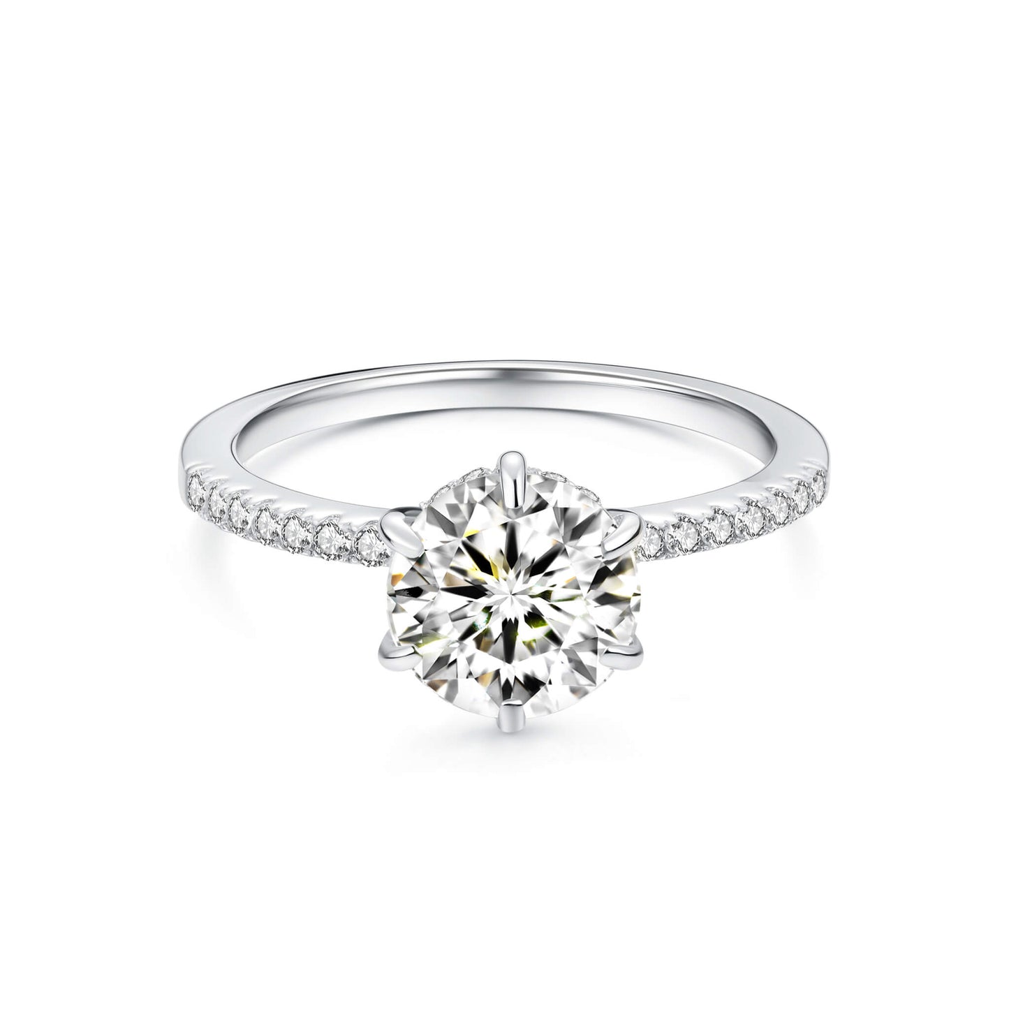 Solitaire Round Lab Diamond Ring with Pave Band in Platinum 6 Prong - Neoshine