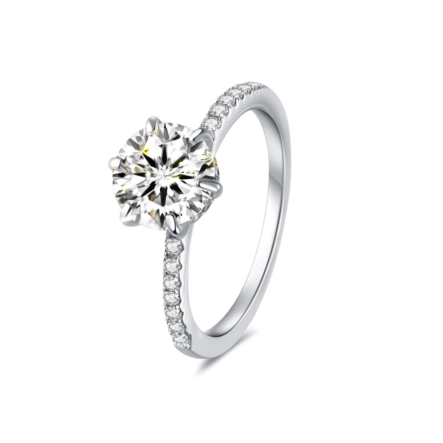 Solitaire Round Lab Diamond Ring with Pave Band in Platinum 6 Prong - Neoshine