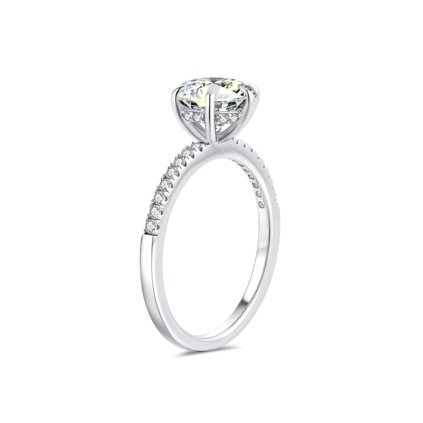 Solitaire Round Lab Diamond Ring with Pave Band in Platinum 6 Prong - Neoshine