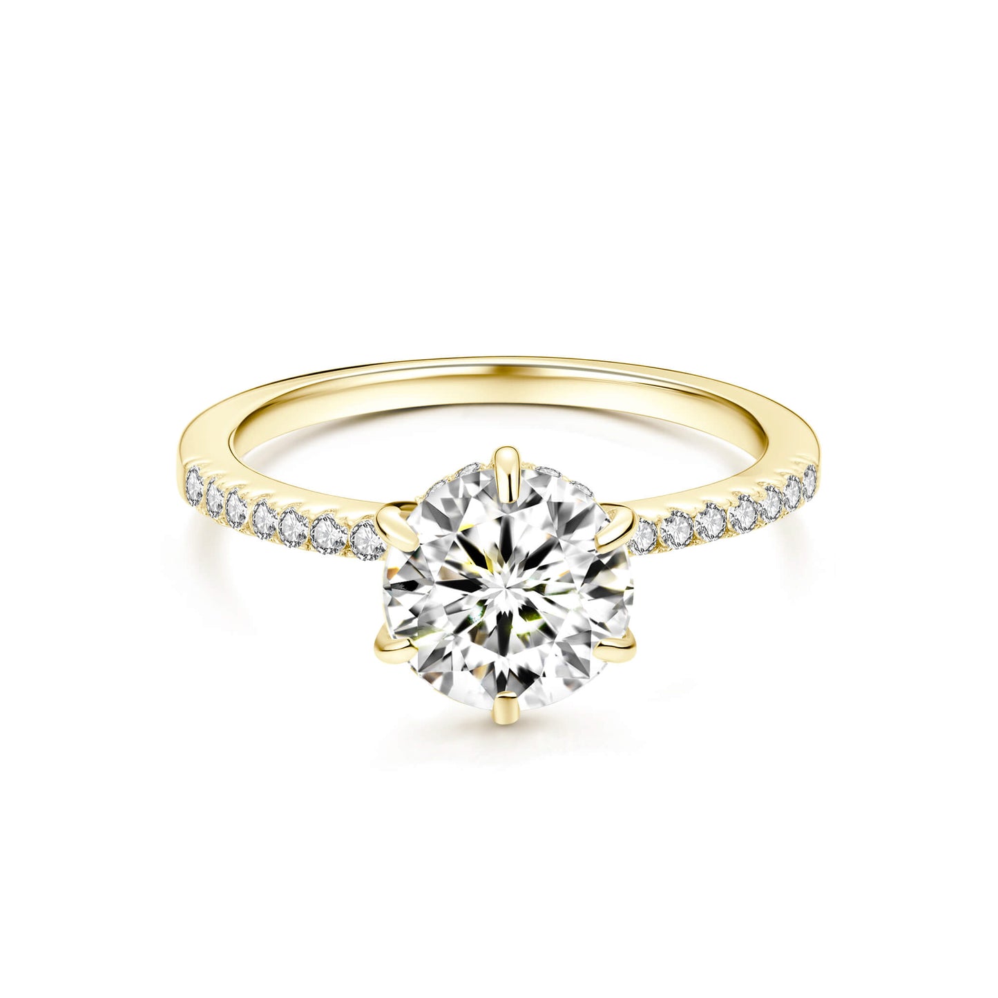 Solitaire Round Lab Diamond Ring with Pave Band in 18K Yellow Gold 6 Prong - Neoshine