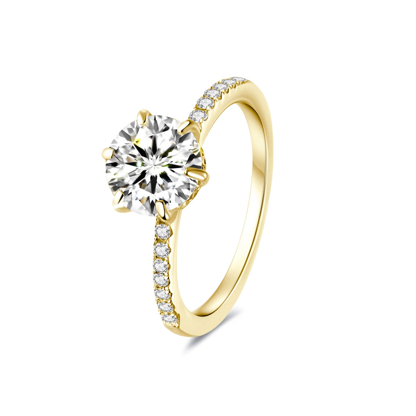 Solitaire Round Lab Diamond Ring with Pave Band in 18K Yellow Gold 6 Prong - Neoshine