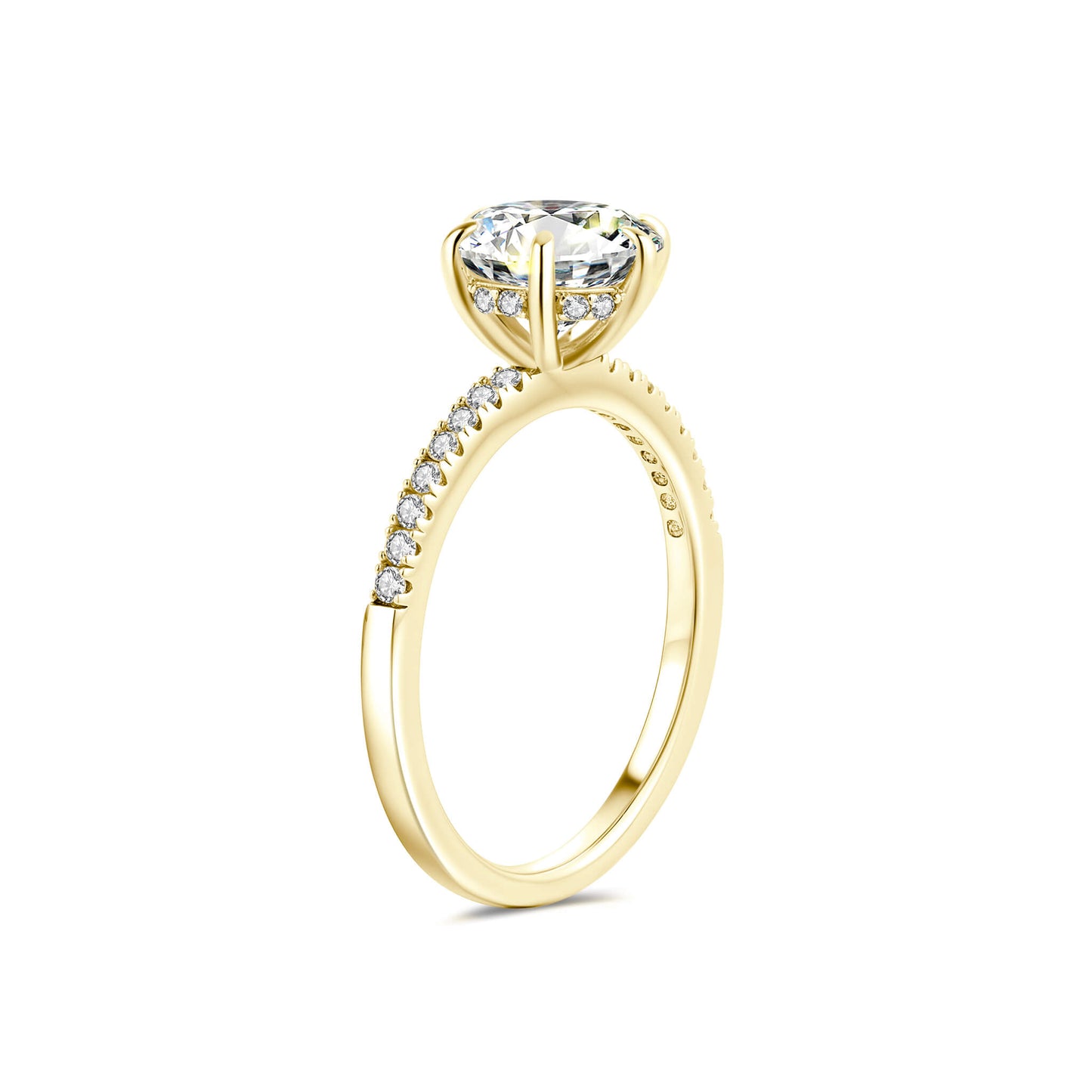 Solitaire Round Lab Diamond Ring with Pave Band in 18K Yellow Gold 6 Prong - Neoshine