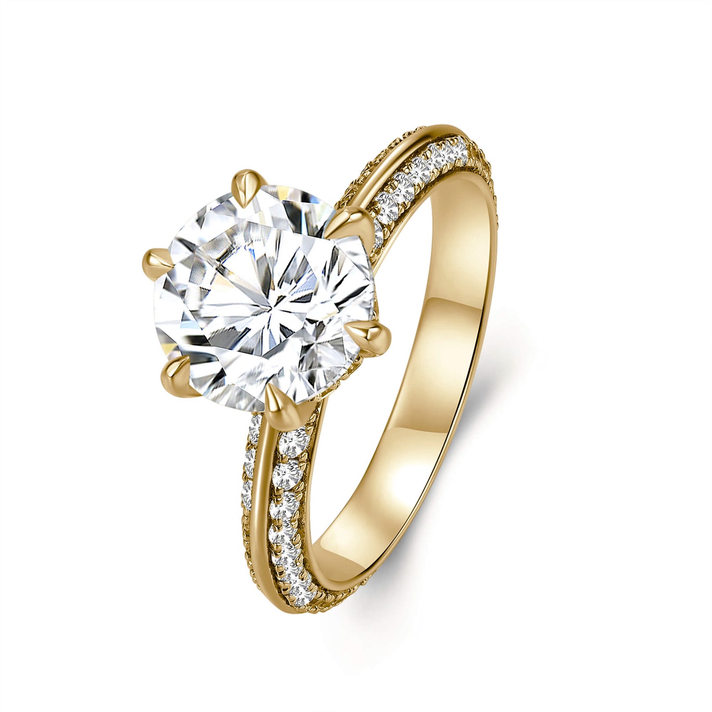 Round Solitaire Lab Diamond Ring in 18K Yellow Gold with Pave Band - Neoshine