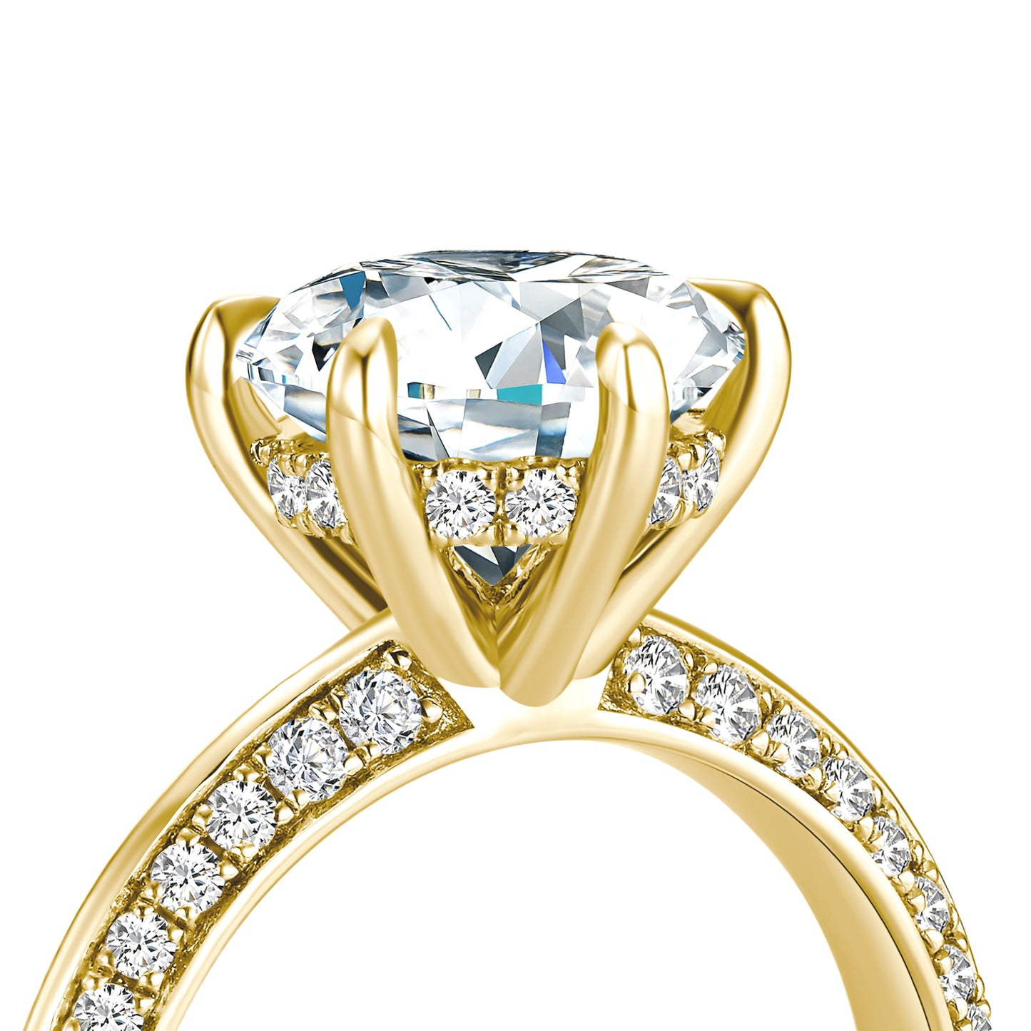 Round Solitaire Lab Diamond Ring in 18K Yellow Gold with Pave Band - Neoshine