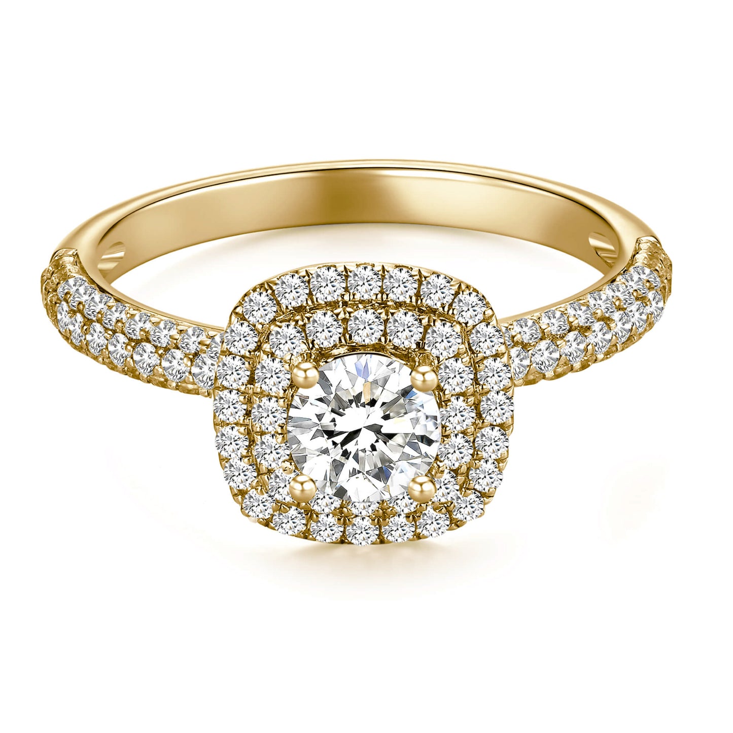 Round Double Halo Lab Diamond Ring in 18K Yellow Gold with Pave Band - Neoshine