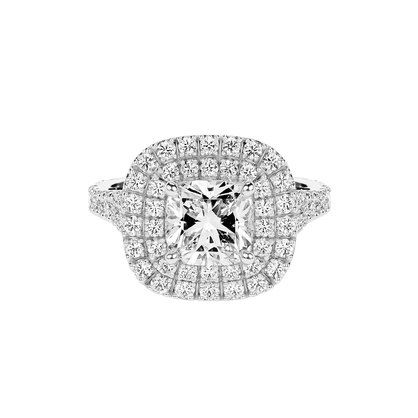 Double Halo Cushion Lab Diamond Ring in Platinum 4 Prong Setting - Neoshine
