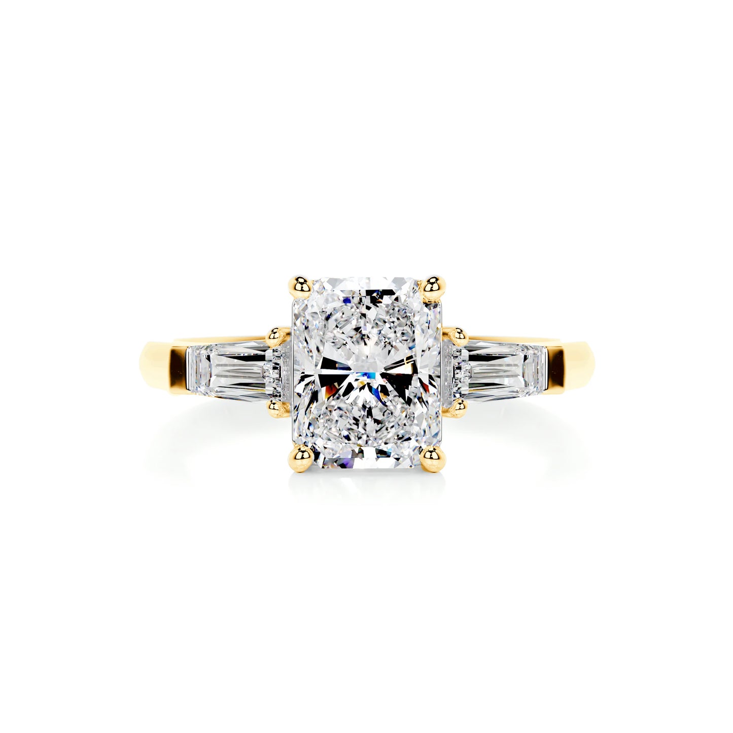 Three Stone Radiant Lab Diamond Ring in 18K Yellow Gold 4 Prong Setting - Neoshine