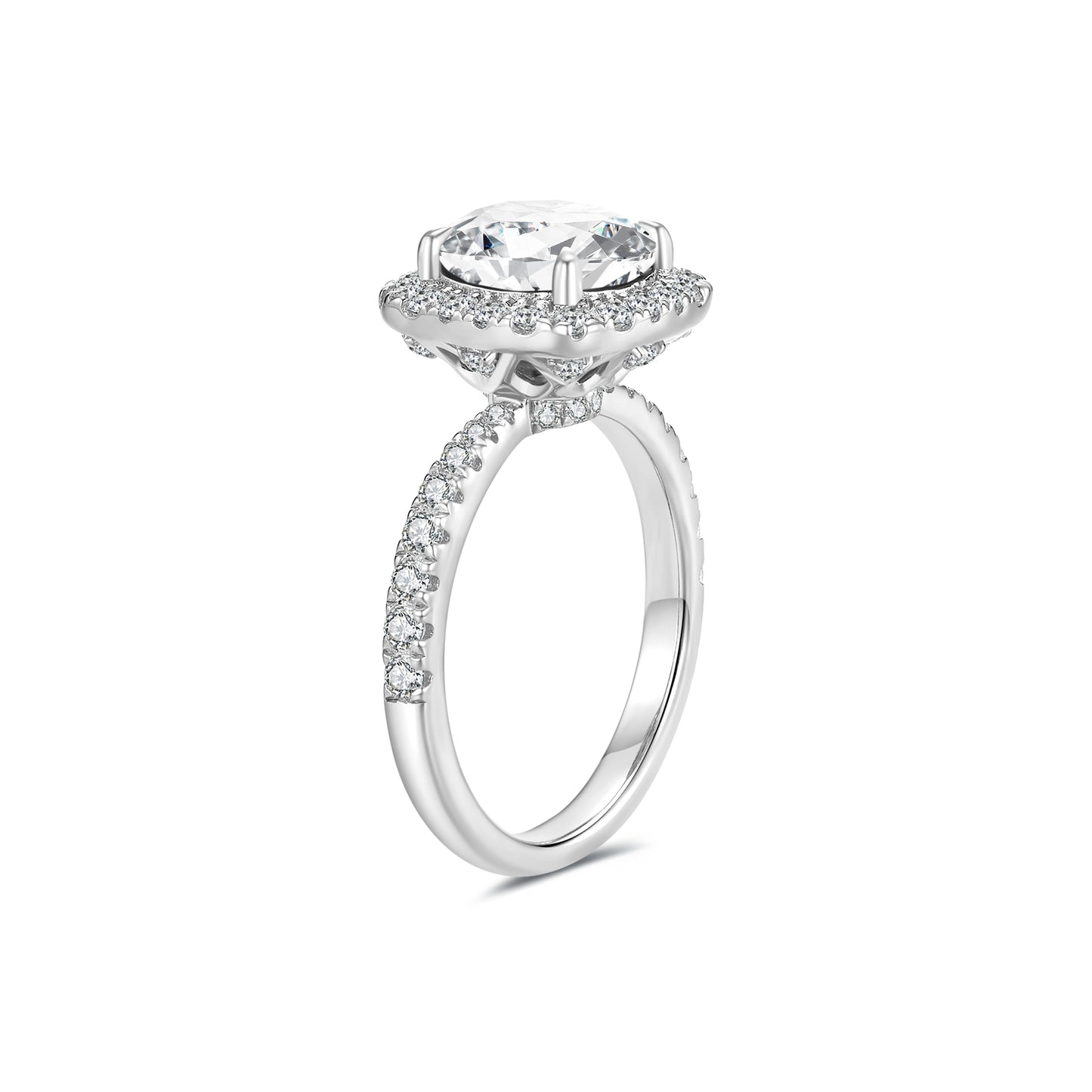 Round Halo Lab Diamond Ring with Pave Band in Platinum - Neoshine
