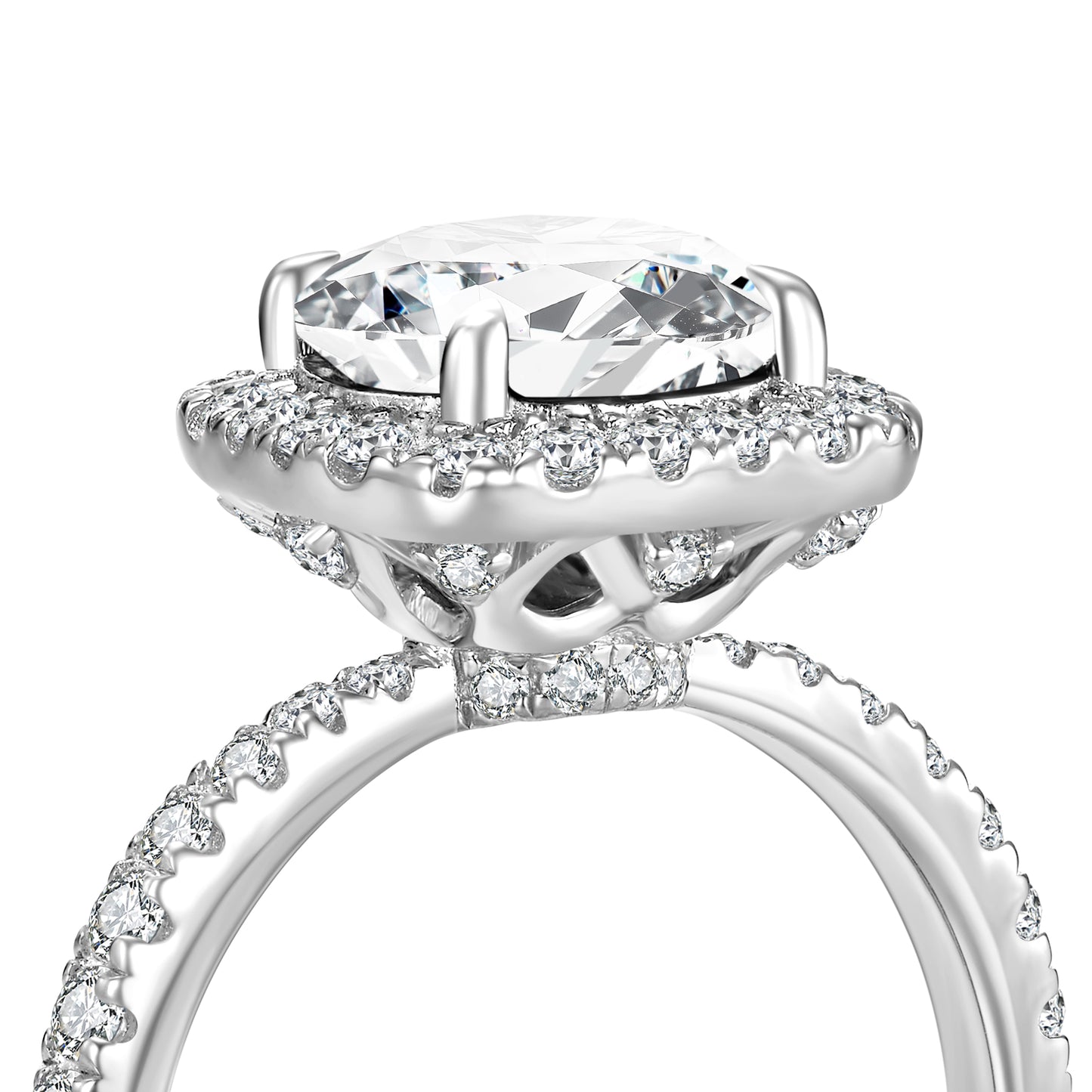 Round Halo Lab Diamond Ring with Pave Band in Platinum - Neoshine