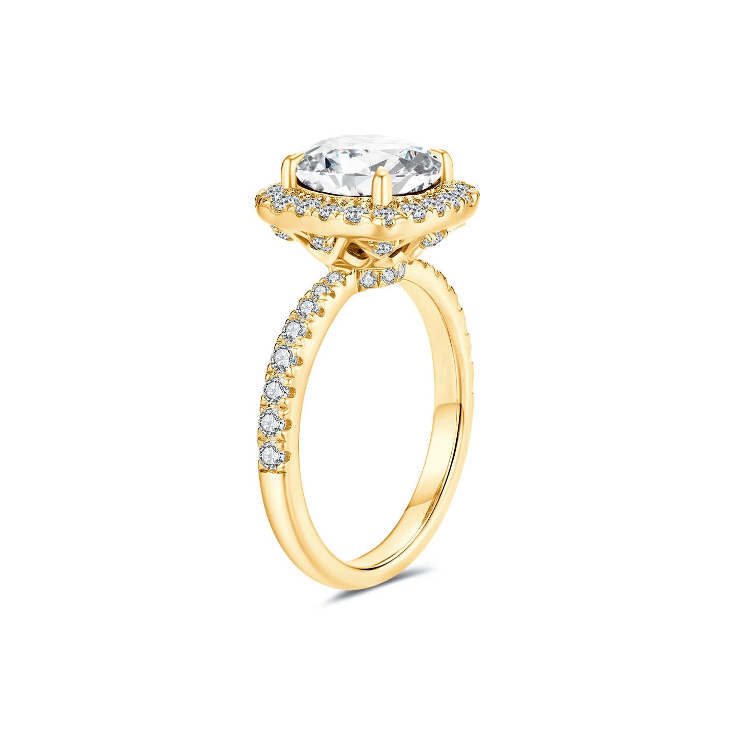 Round Halo Lab Diamond Ring with Pave Band in 18K Yellow Gold - Neoshine