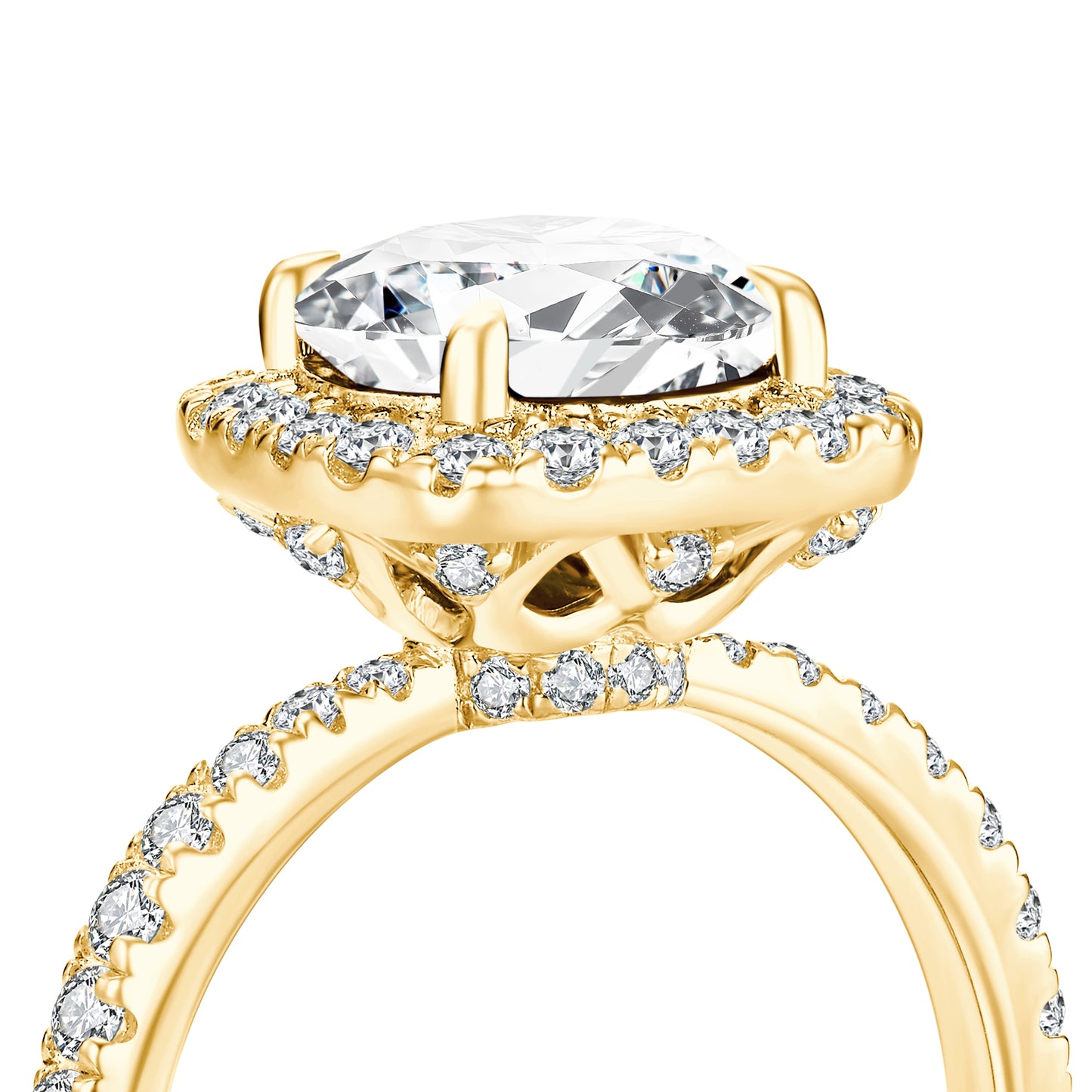 Round Halo Lab Diamond Ring with Pave Band in 18K Yellow Gold - Neoshine