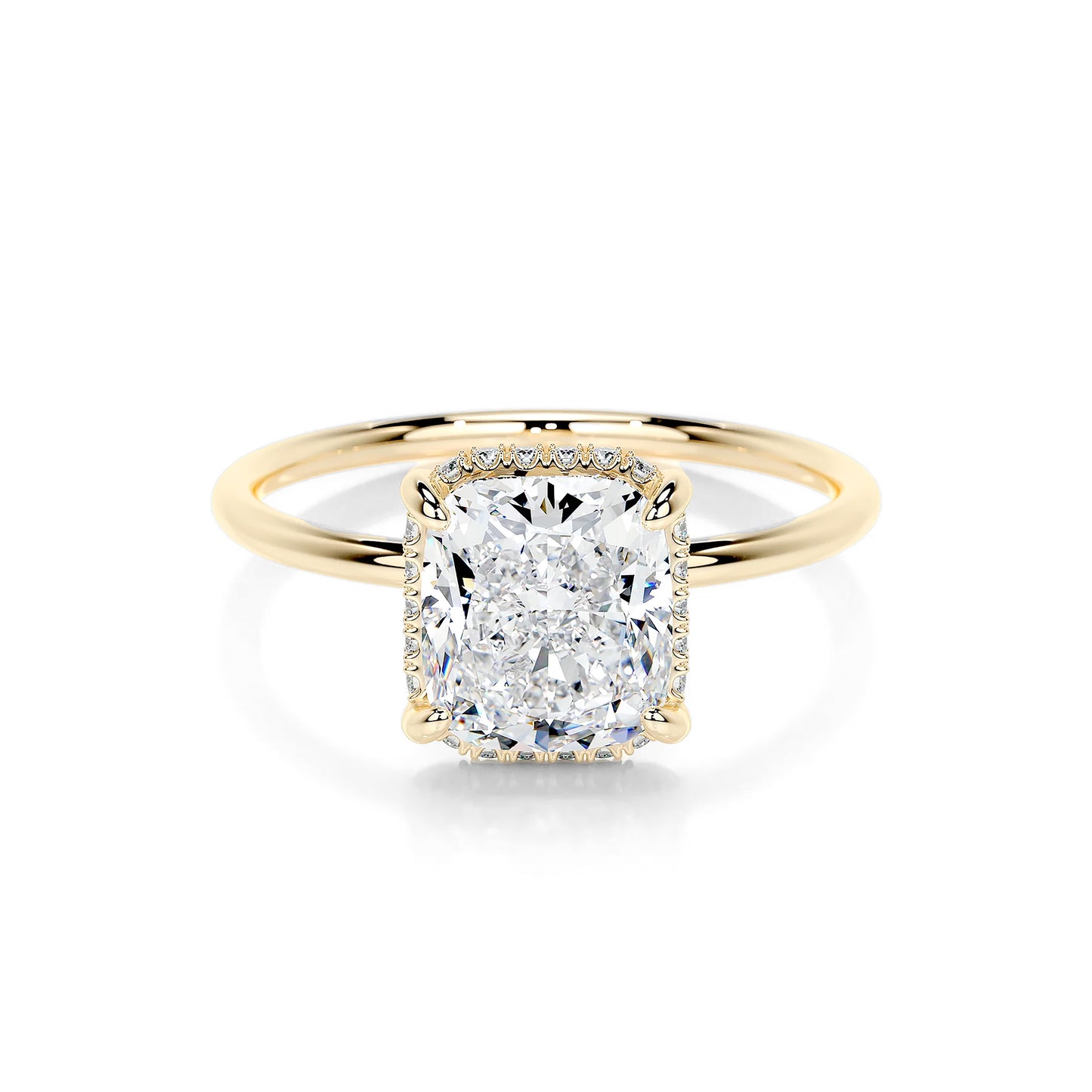 Hidden Halo Cushion Lab Diamond Ring in 18K Yellow Gold 4 Prong Setting - Neoshine