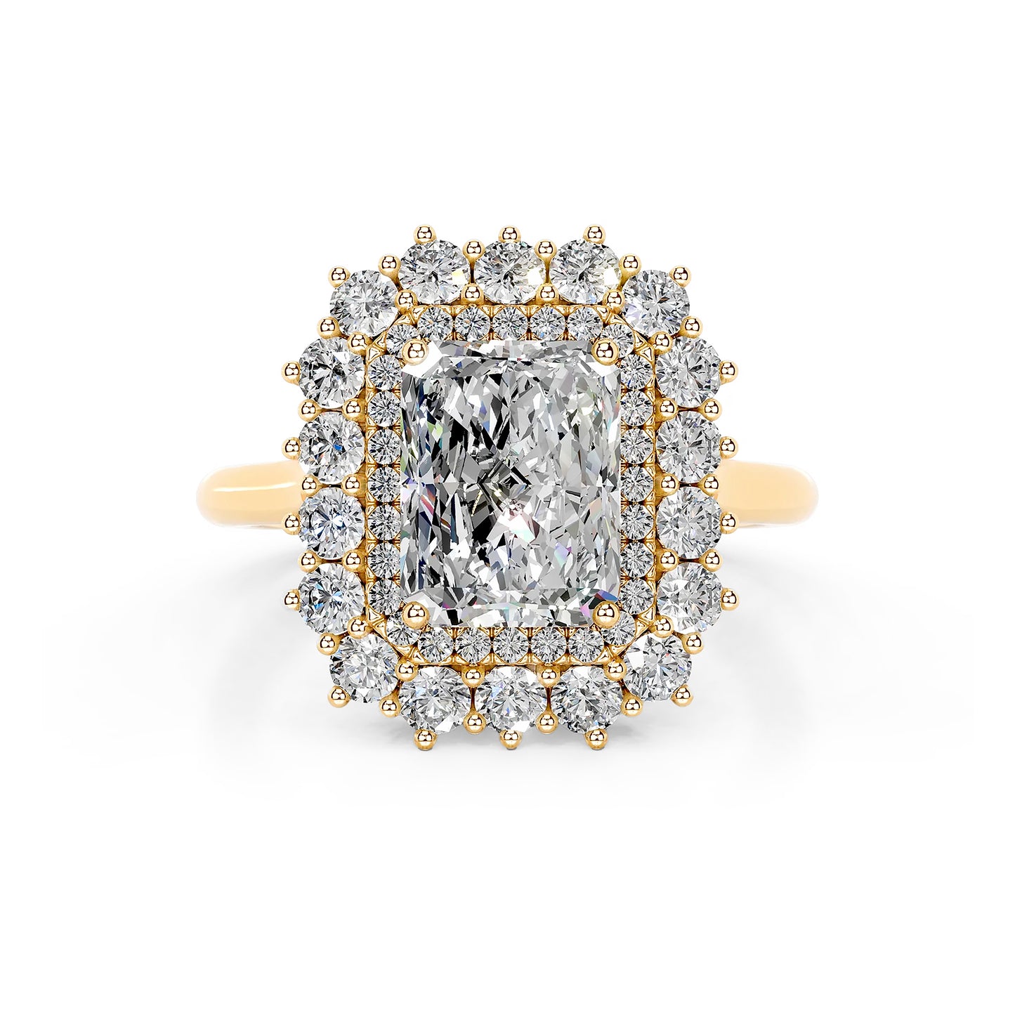 Double Halo Radiant Lab Diamond Ring in 18K Yellow Gold 4 Prong Setting - Neoshine