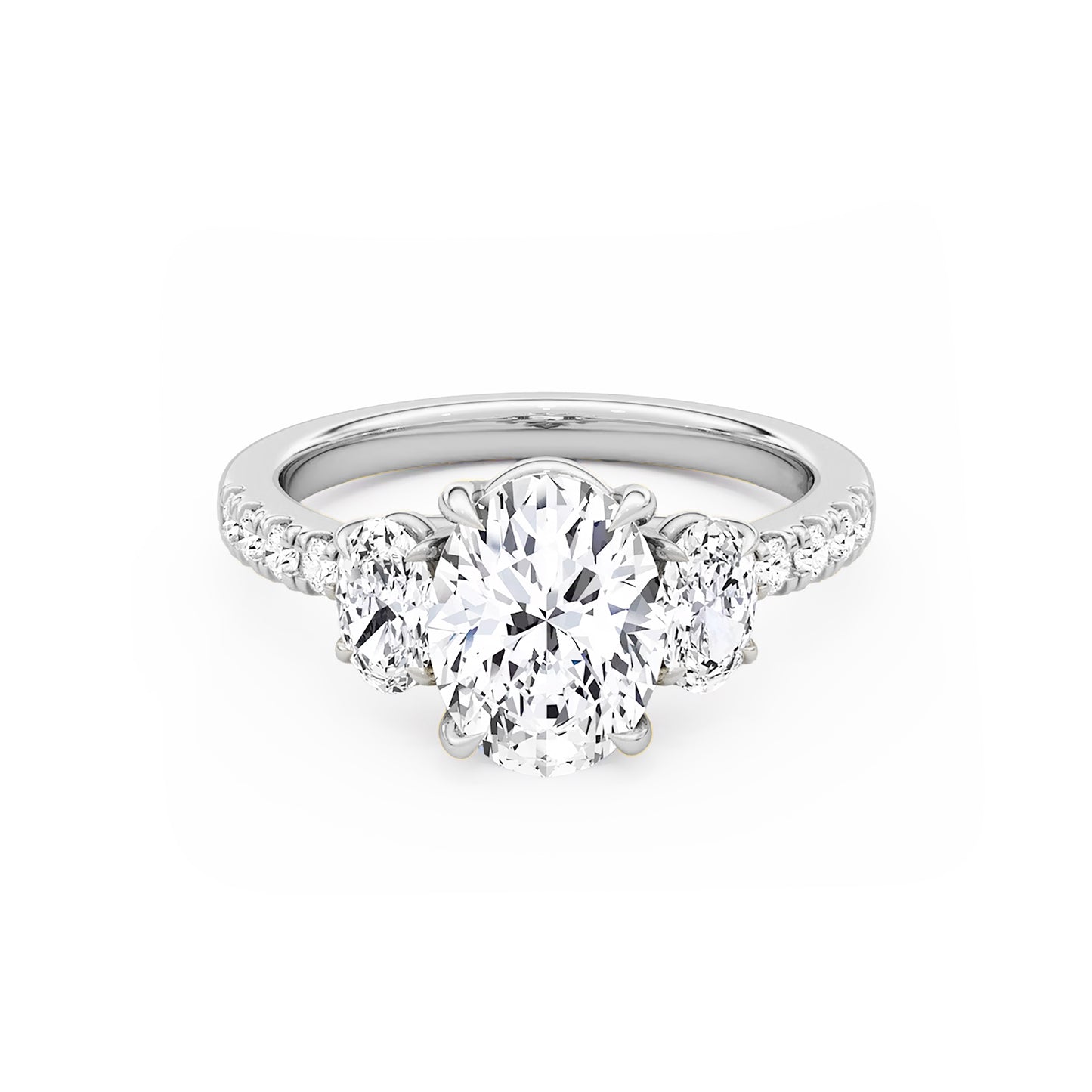 Three Stone Oval Lab Diamond Ring in Platinum 4 Prong Setting - Neoshine