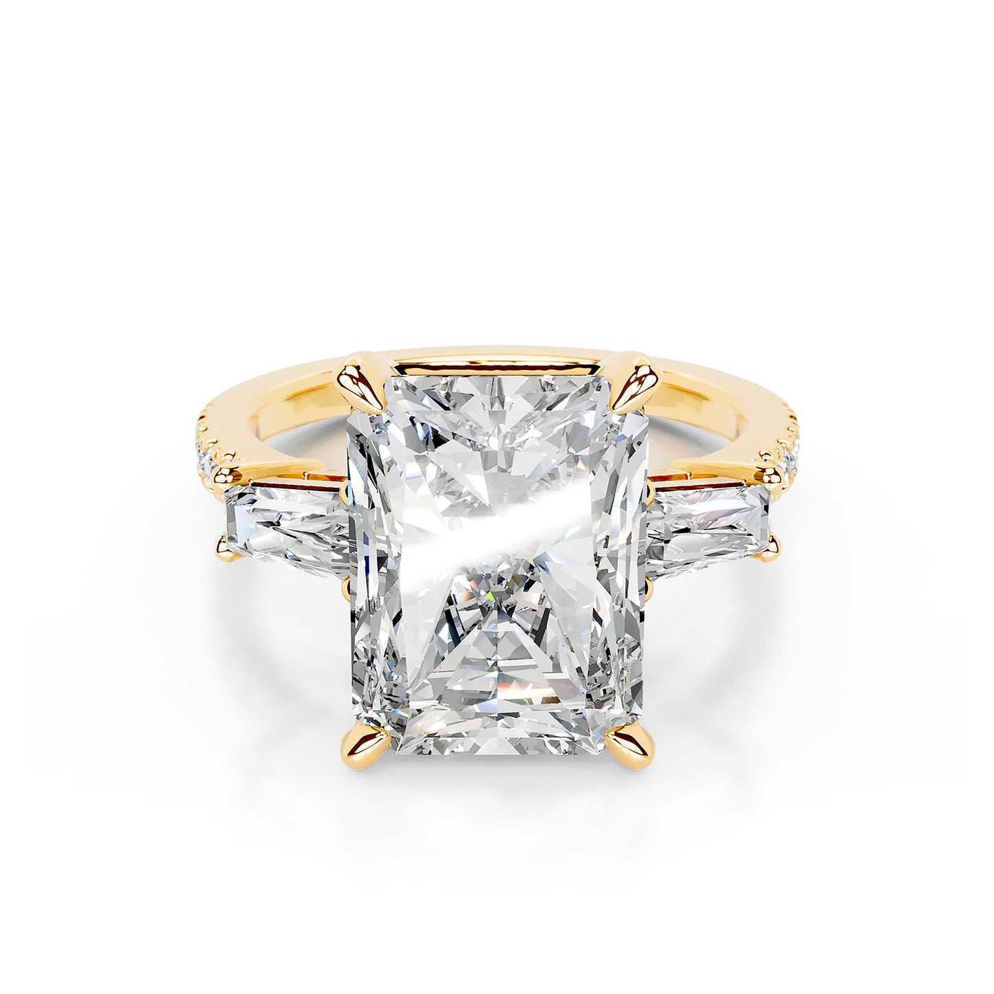 Three Stone Radiant Lab Diamond Ring in 18K Yellow Gold 4 Prong Setting - Neoshine