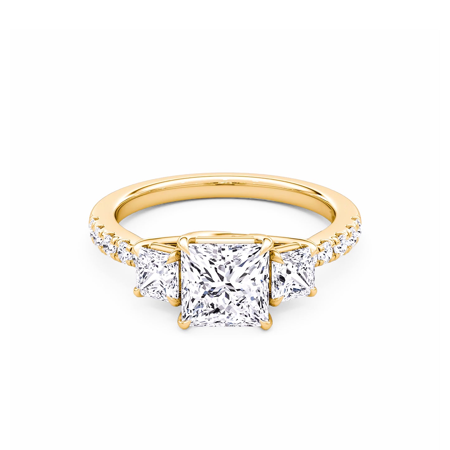 Three Stone Princess Lab Diamond Ring in 18K Yellow Gold 4 Prong Setting - Neoshine