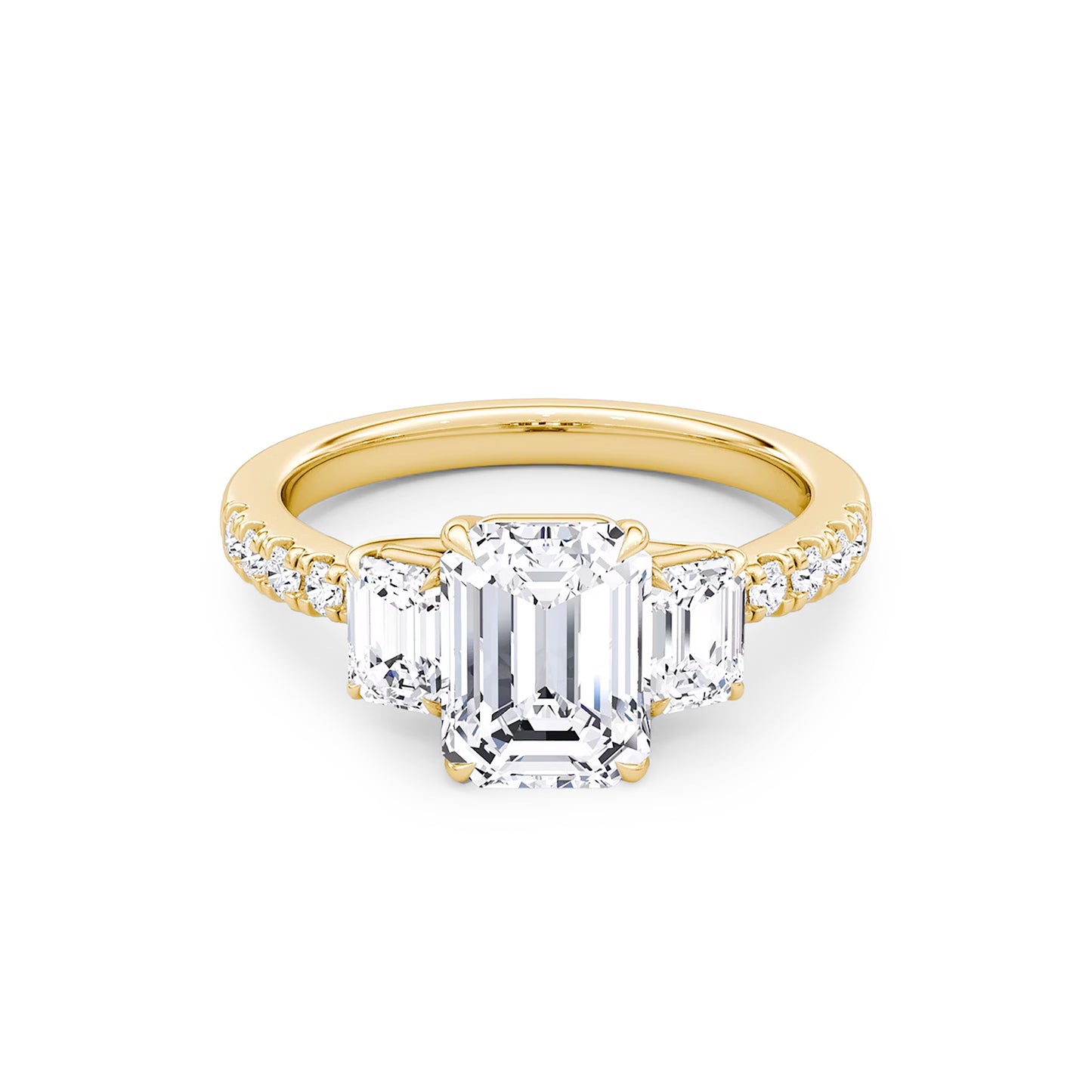 Three Stone Emerald Lab Diamond Ring in 18K Yellow Gold 4 Prong Setting - Neoshine