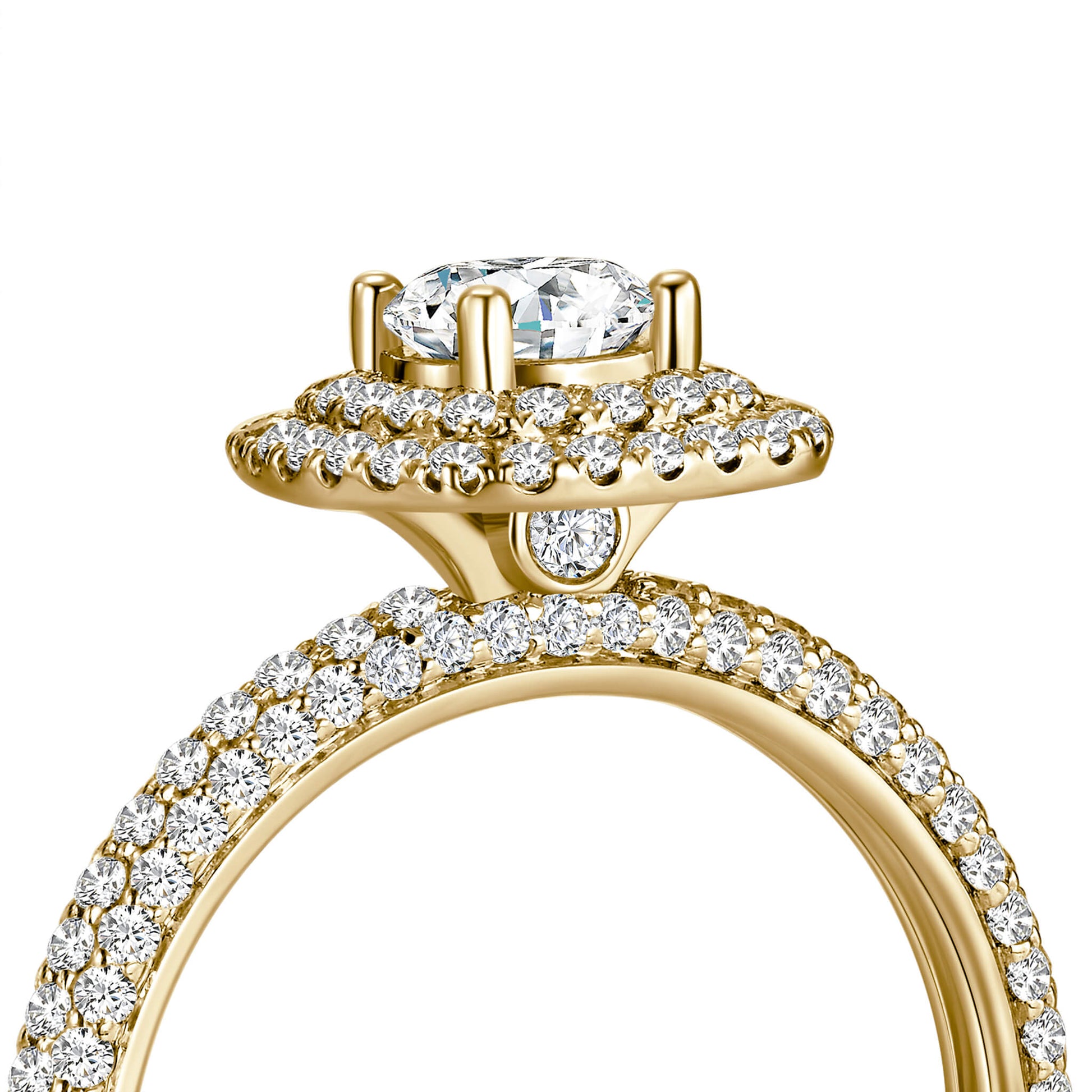 Round Double Halo Lab Diamond Ring in 18K Yellow Gold with Pave Band - Neoshine