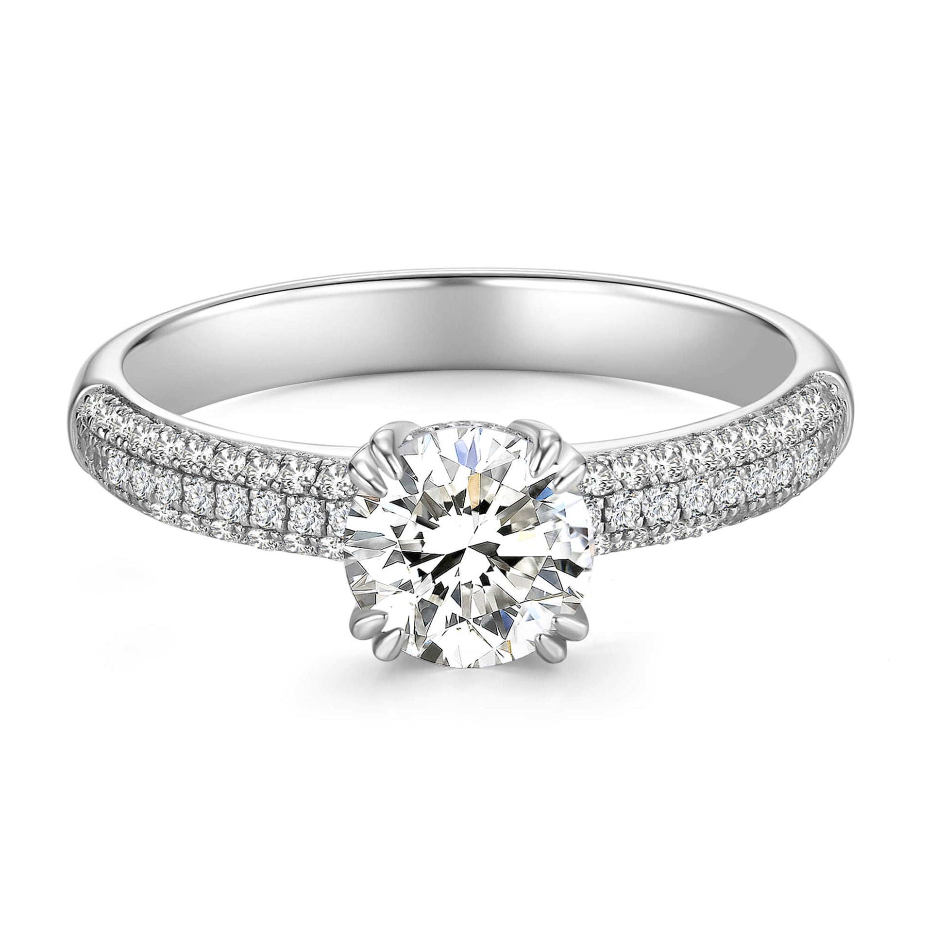 Solitaire Round Lab Diamond Ring with Pave Band, 6 Prong, Platinum - Neoshine
