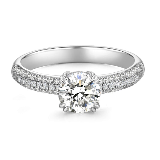 Solitaire Round Lab Diamond Ring with Pave Band, 6 Prong, Platinum - Neoshine