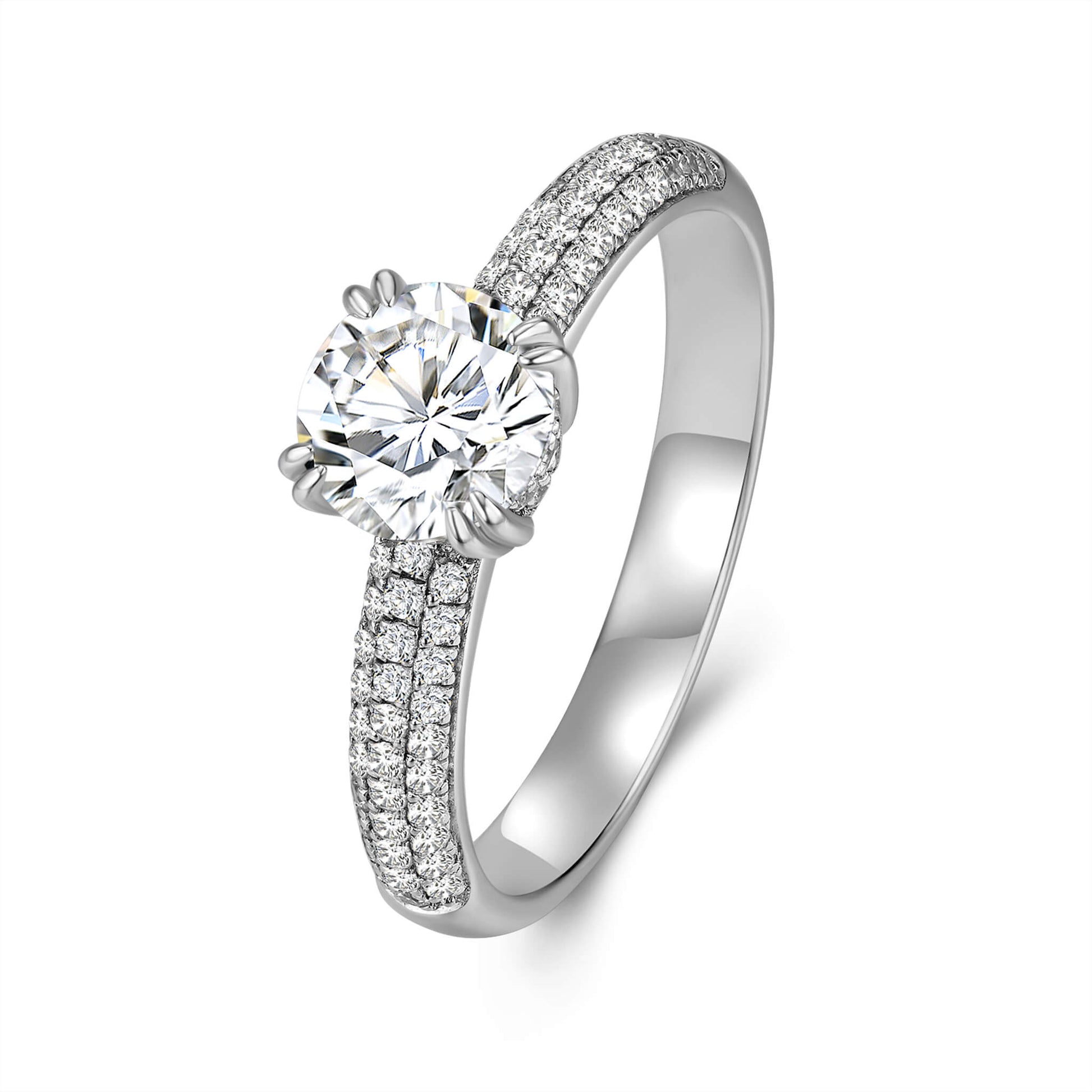 Solitaire Round Lab Diamond Ring with Pave Band, 6 Prong, Platinum - Neoshine