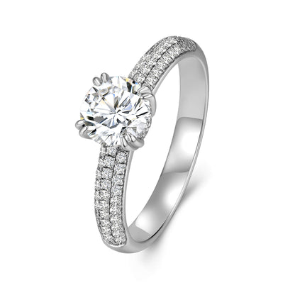 Solitaire Round Lab Diamond Ring with Pave Band, 6 Prong, Platinum - Neoshine