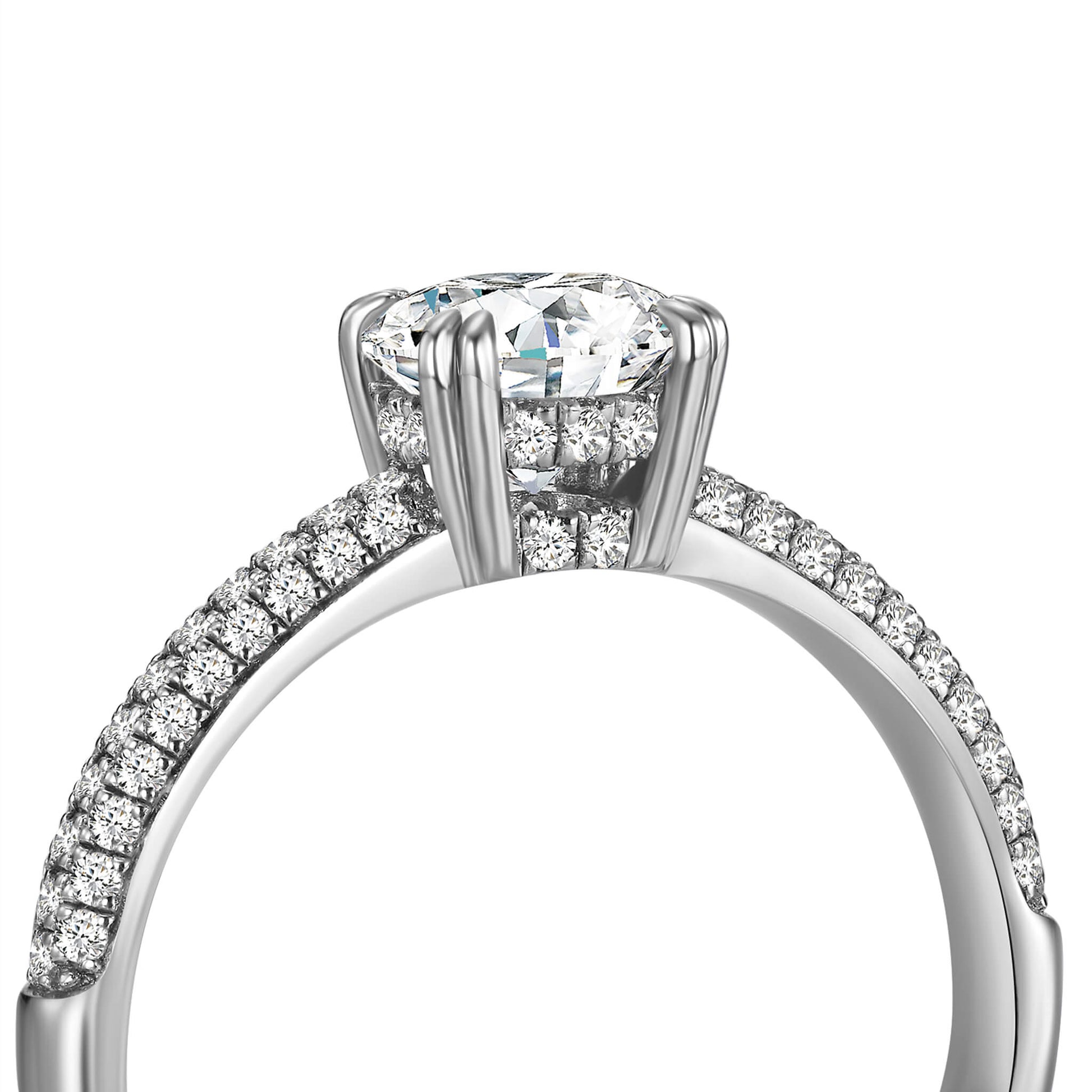 Solitaire Round Lab Diamond Ring with Pave Band, 6 Prong, Platinum - Neoshine