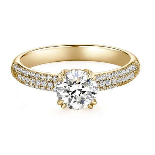 Solitaire Round Lab Diamond Ring with Pave Band, 6 Prong, 14K Yellow Gold - Neoshine