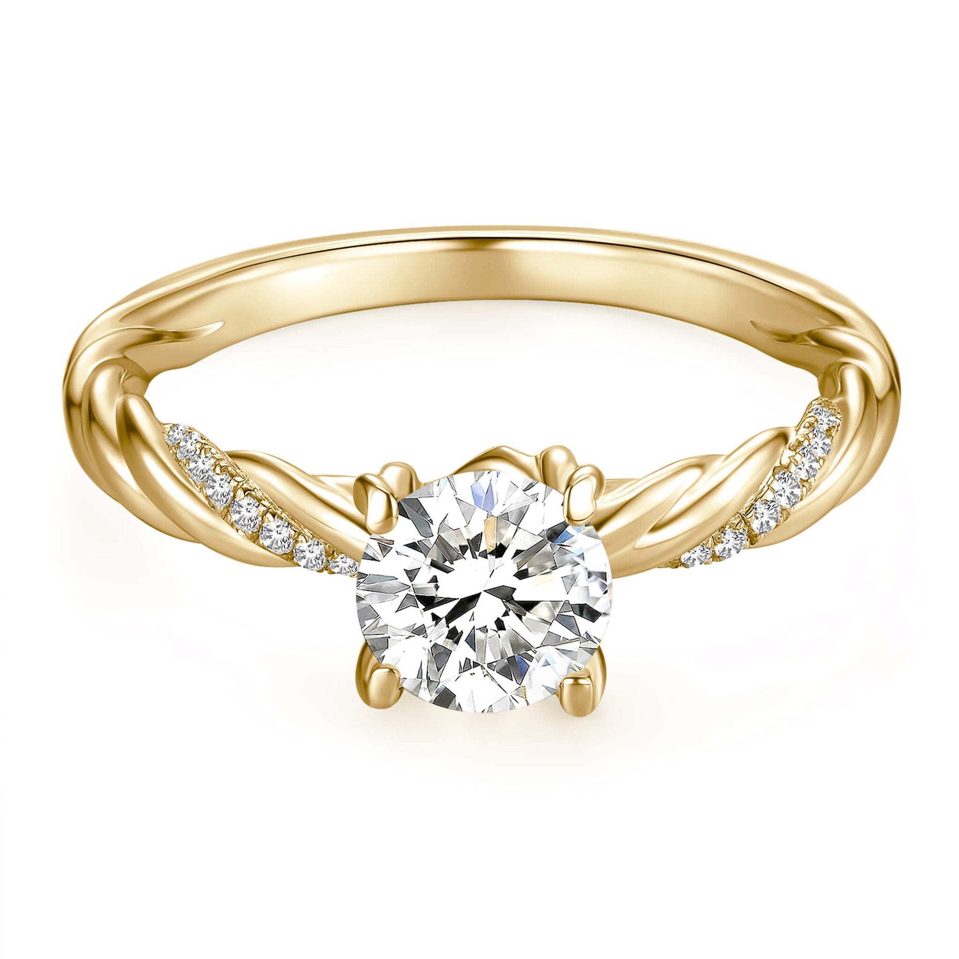 Solitaire Round Lab Diamond Ring with Pave Band, 4 Prong, 18K Yellow Gold - Neoshine