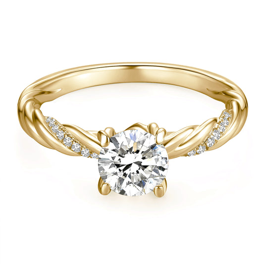 Solitaire Round Lab Diamond Ring with Pave Band, 4 Prong, 18K Yellow Gold - Neoshine