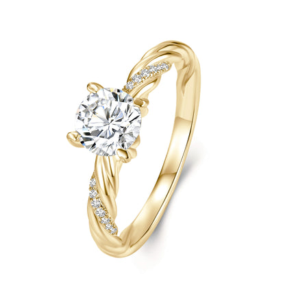 Solitaire Round Lab Diamond Ring with Pave Band, 4 Prong, 18K Yellow Gold - Neoshine