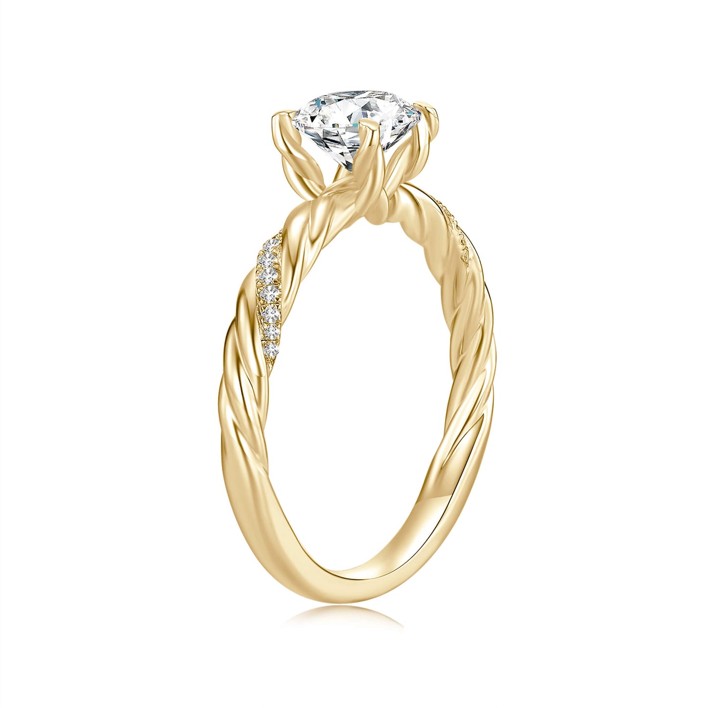 Solitaire Round Lab Diamond Ring with Pave Band, 4 Prong, 18K Yellow Gold - Neoshine