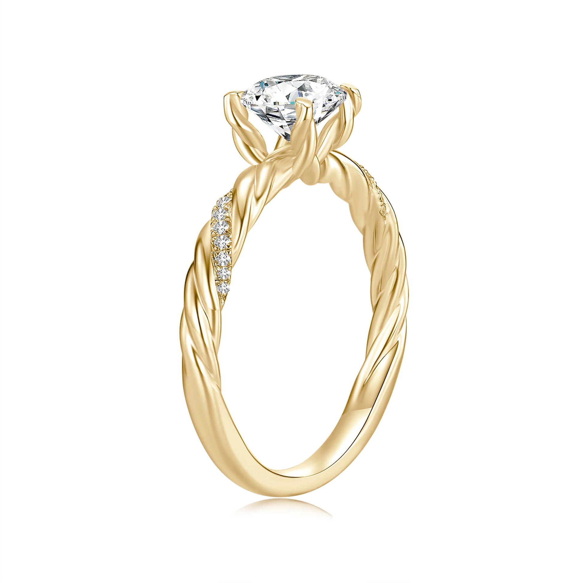 Solitaire Round Lab Diamond Ring with Pave Band, 4 Prong, 18K Yellow Gold - Neoshine