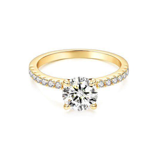 Solitaire Round Lab Diamond Ring with Pave Band in 18K Yellow Gold 4 Prong - Neoshine